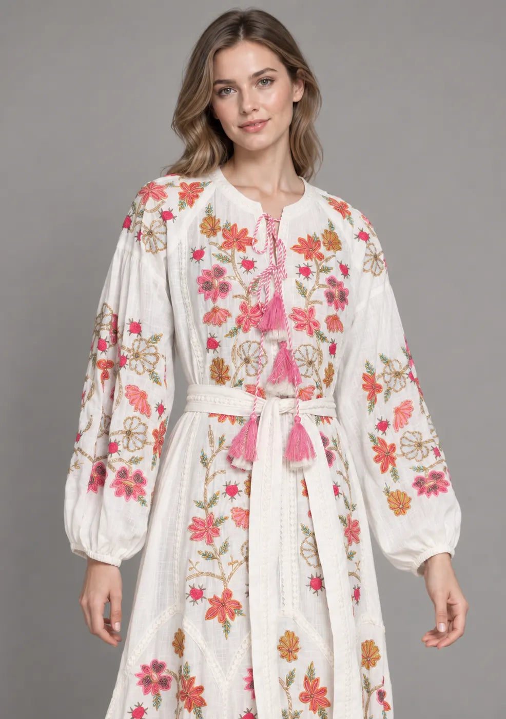 Women’s Cotton Long Dress with Floral Hand Embroidery -Ravila
