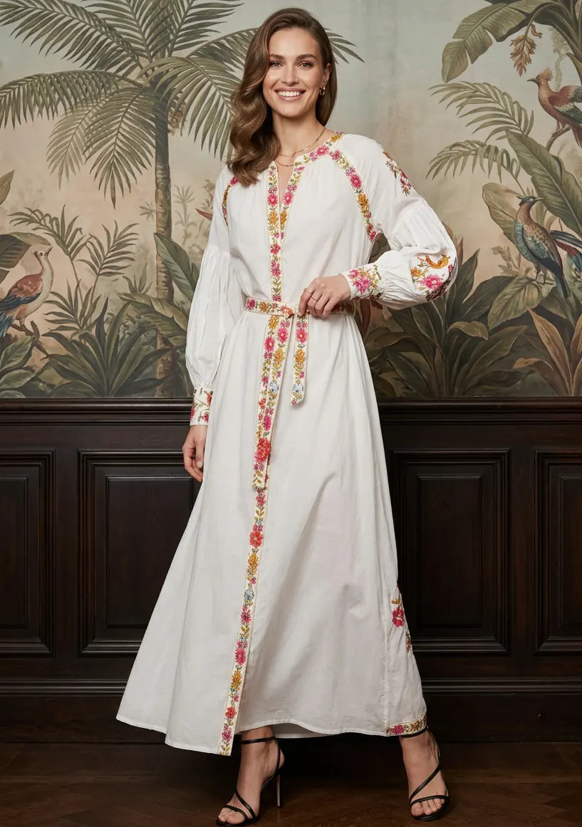 Women’s Cotton Long Dress with Hand Embroidery - Zayra