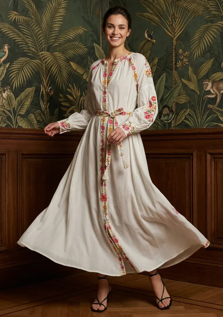 Women’s Cotton Long Dress with Hand Embroidery - Zayra