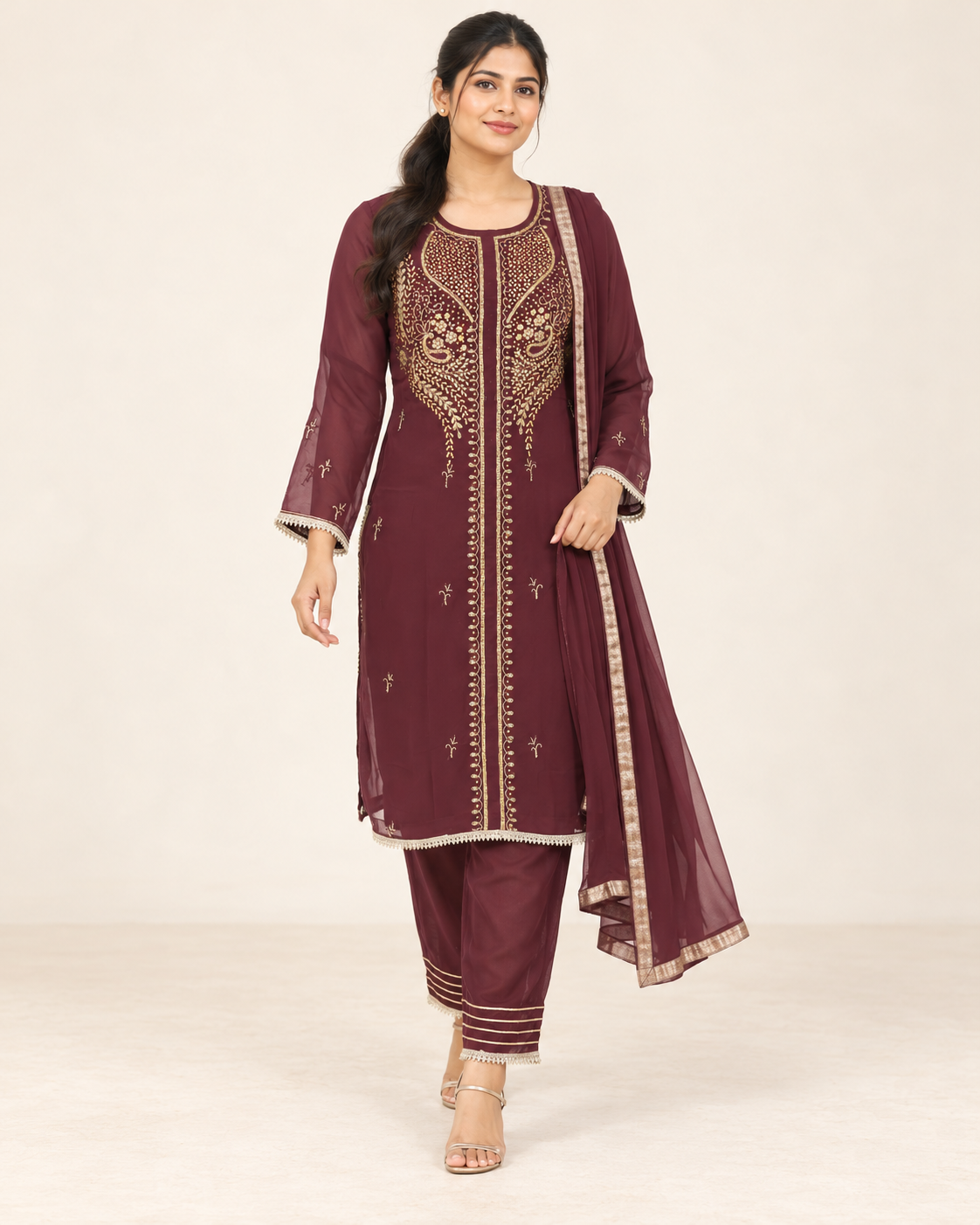 Nirmla Burgundy Embroidered Suit with Dupatta | ibBan