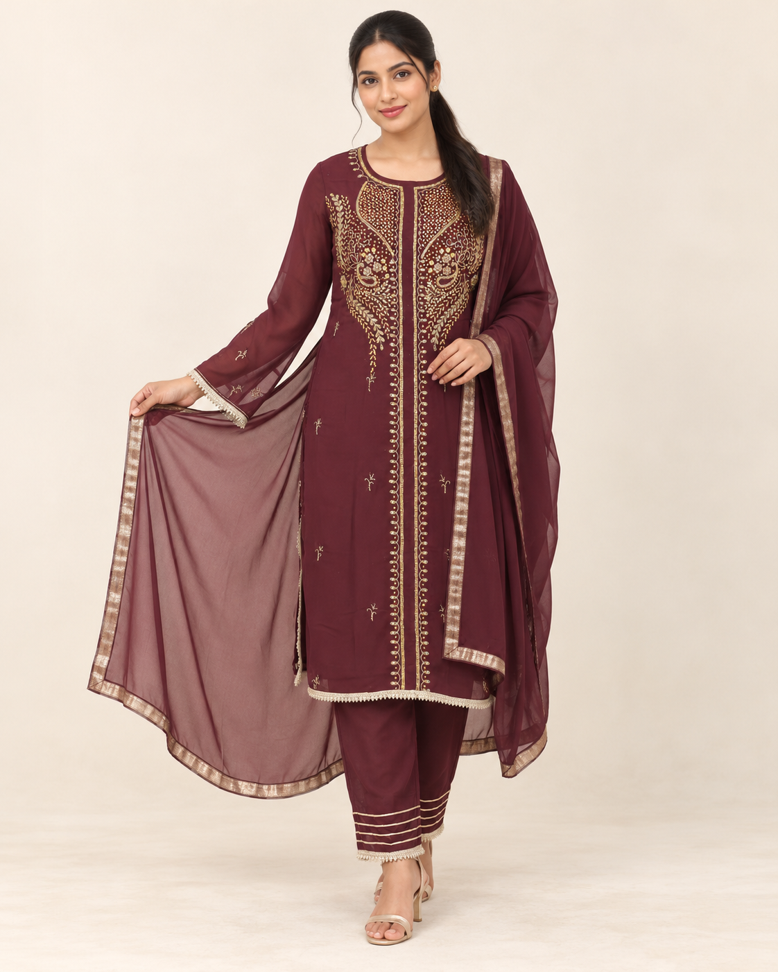 Nirmla Burgundy Embroidered Suit with Dupatta | ibBan