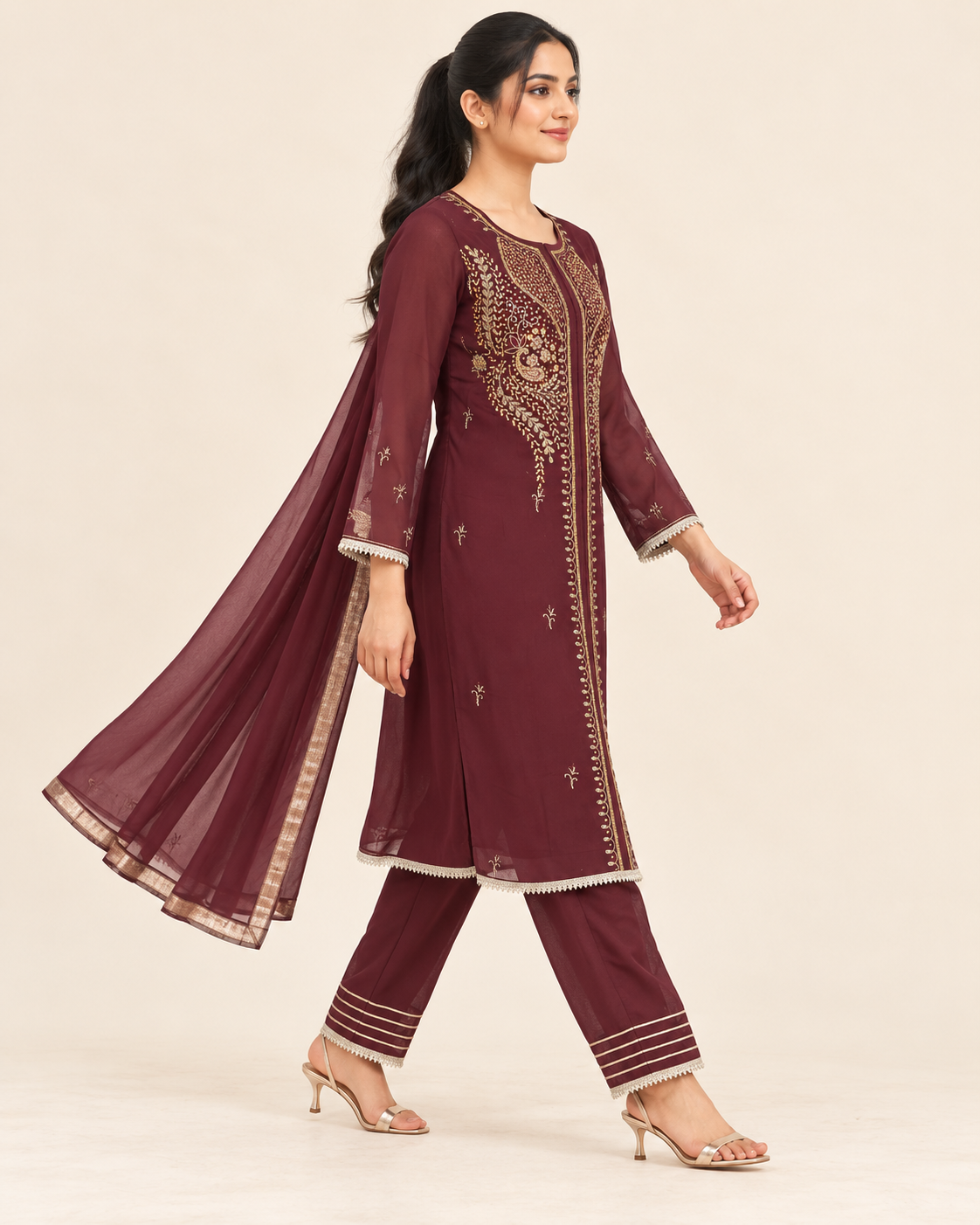 Nirmla Burgundy Embroidered Suit with Dupatta | ibBan