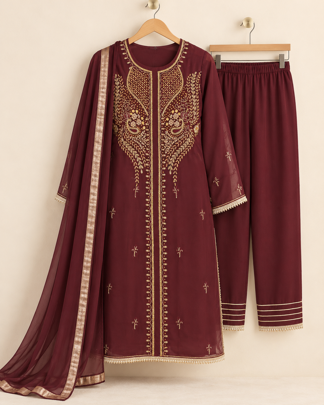 Nirmla Burgundy Embroidered Suit with Dupatta | ibBan