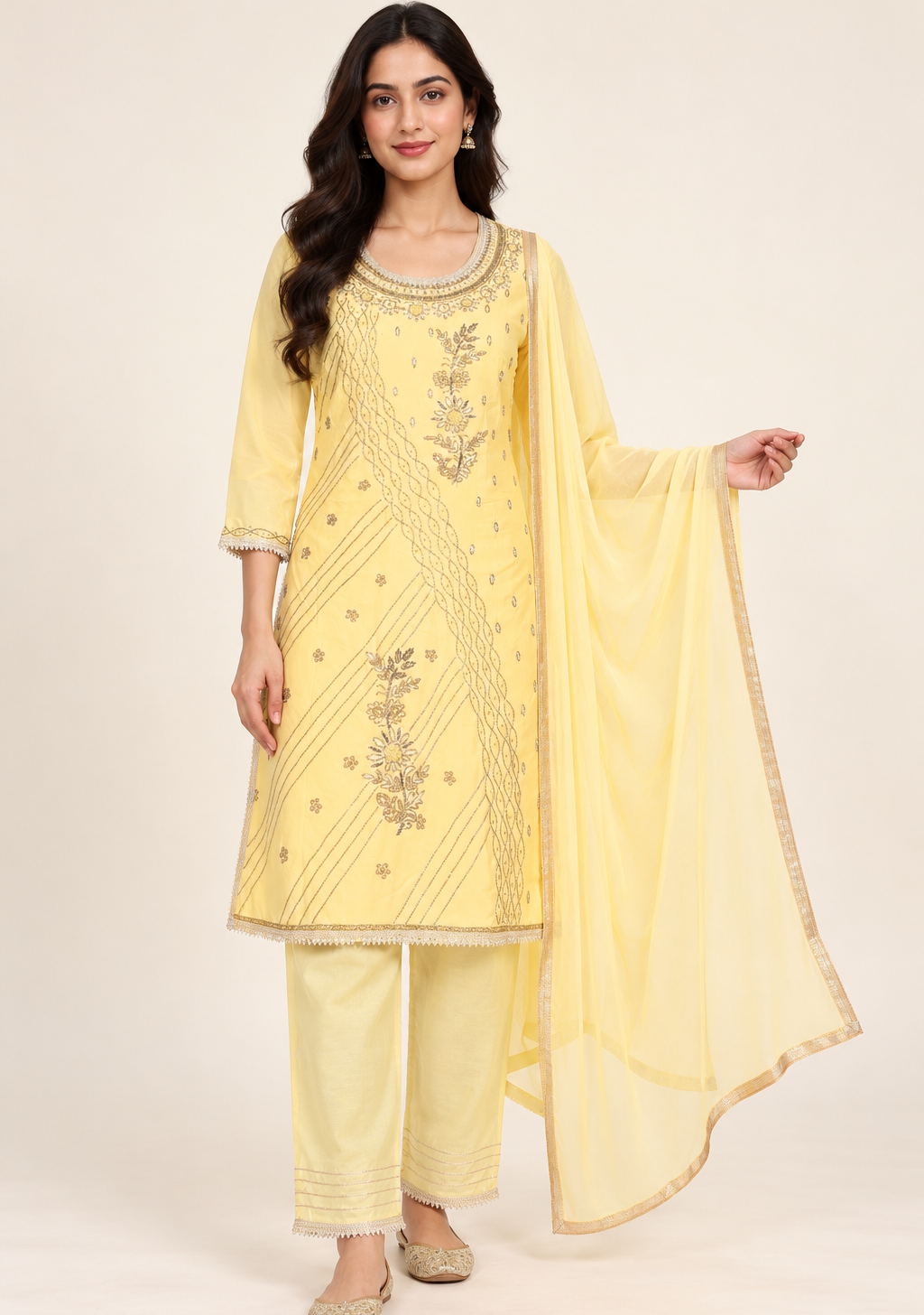 Saisa Yellow Embroidered Suit with Trousers & Dupatta | ibBan