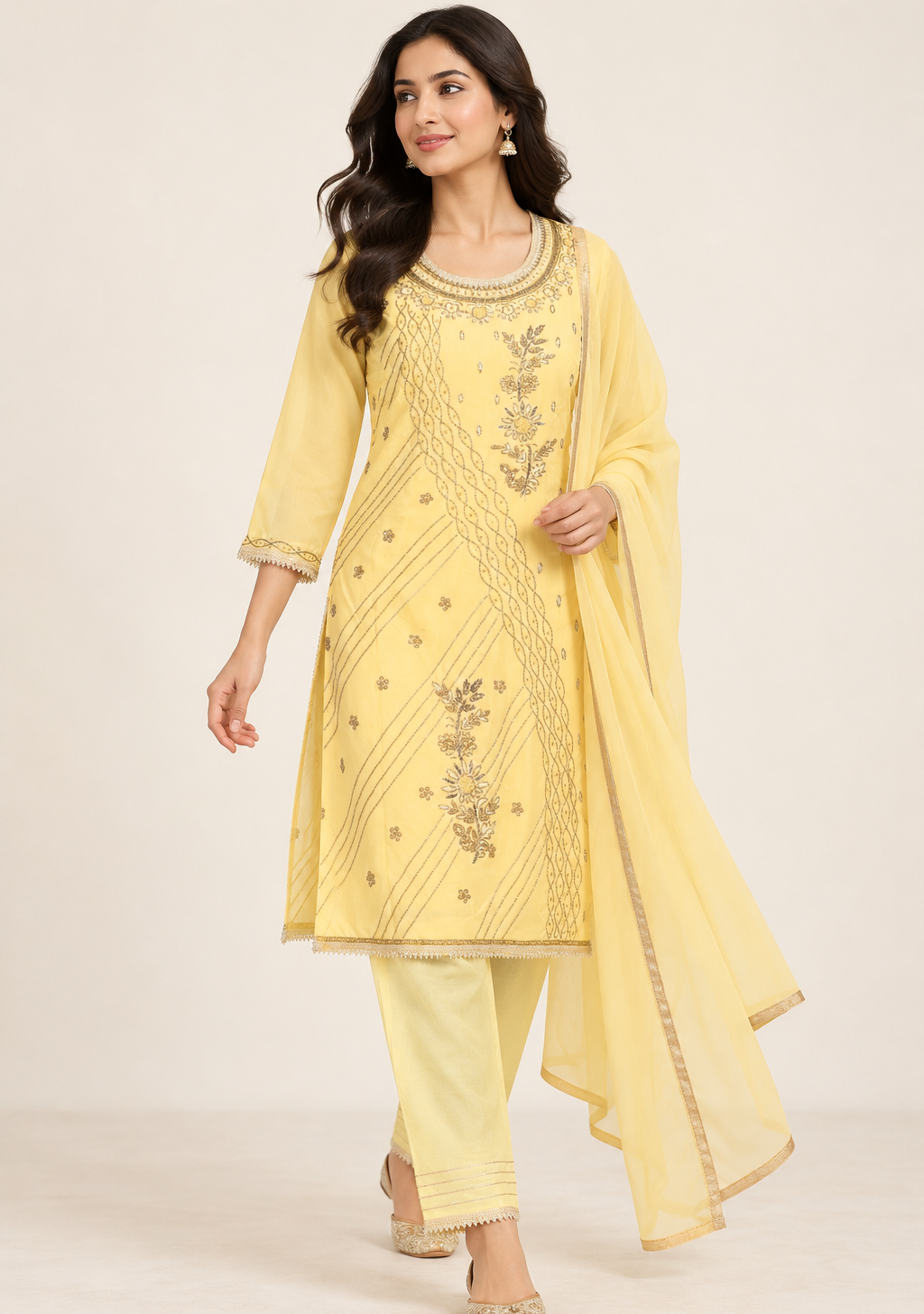 Saisa Yellow Embroidered Suit with Trousers & Dupatta | ibBan