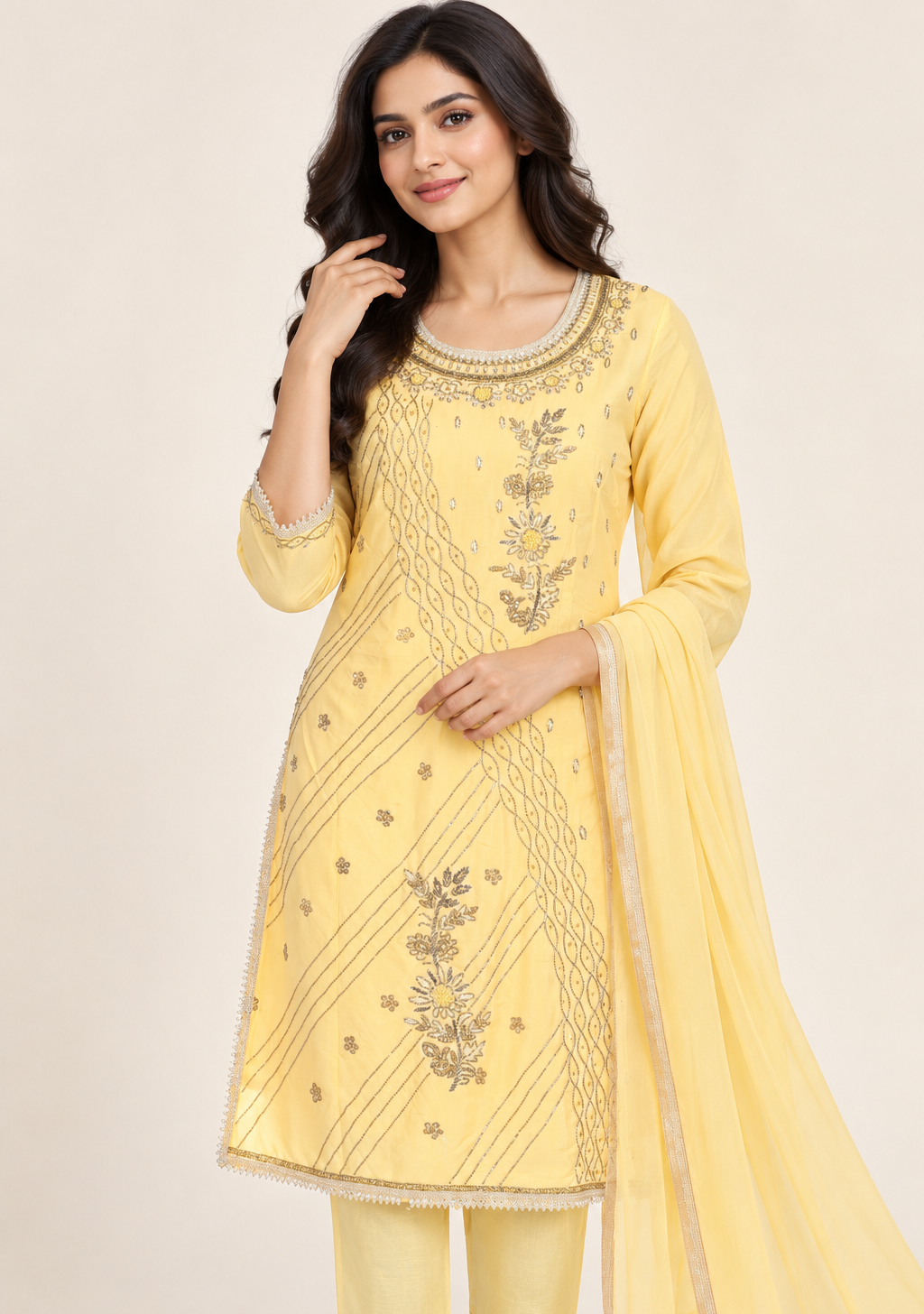 Saisa Yellow Embroidered Suit with Trousers & Dupatta | ibBan