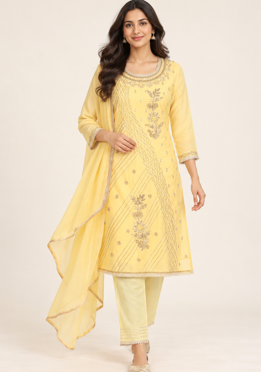 Saisa Yellow Embroidered Suit with Trousers & Dupatta | ibBan