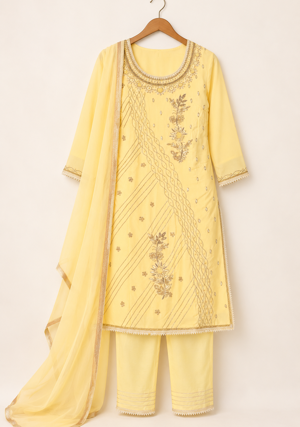 Saisa Yellow Embroidered Suit with Trousers & Dupatta | ibBan