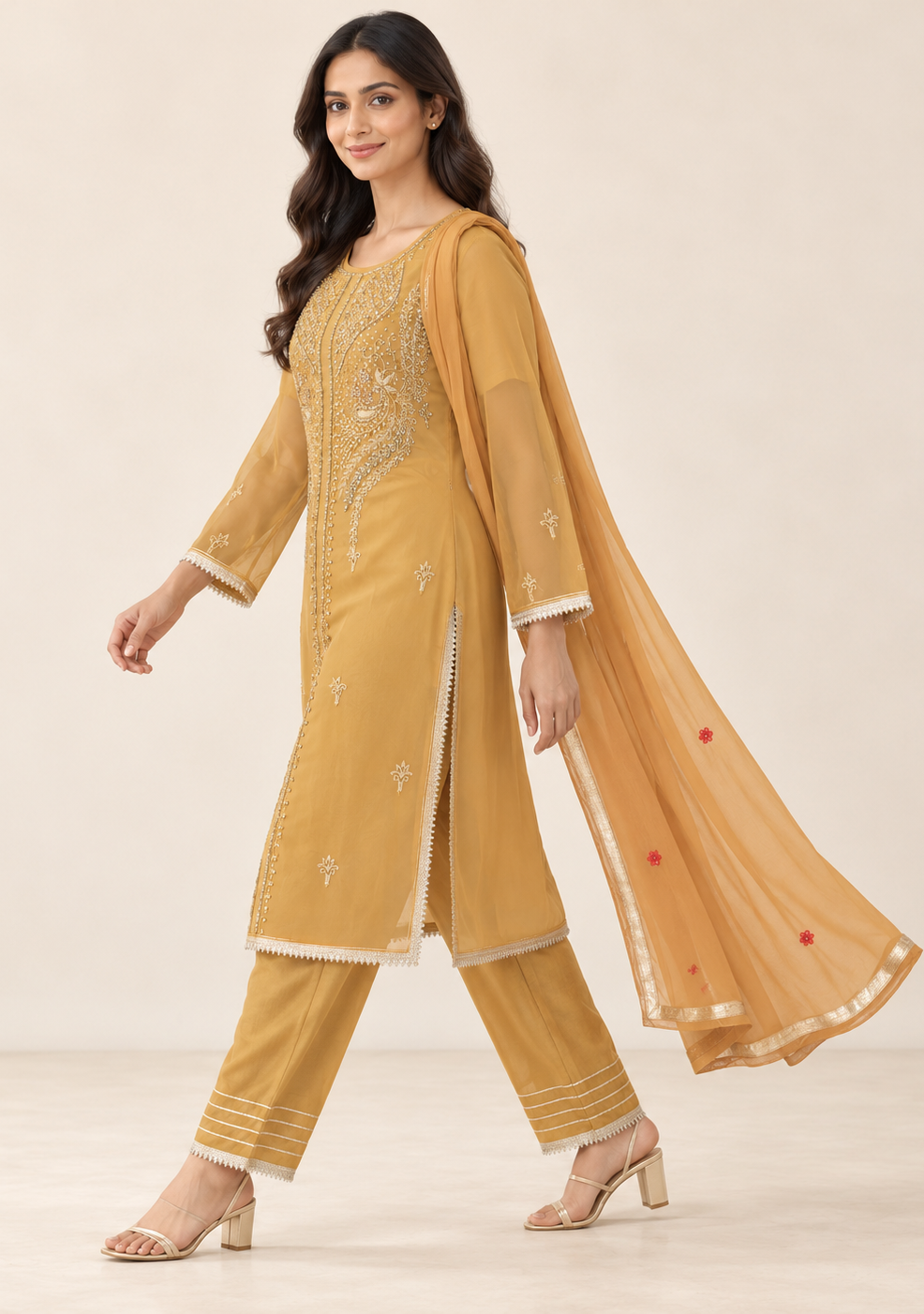 Nirmla Mustard Yellow Embroidered Suit with Dupatta | ibBan