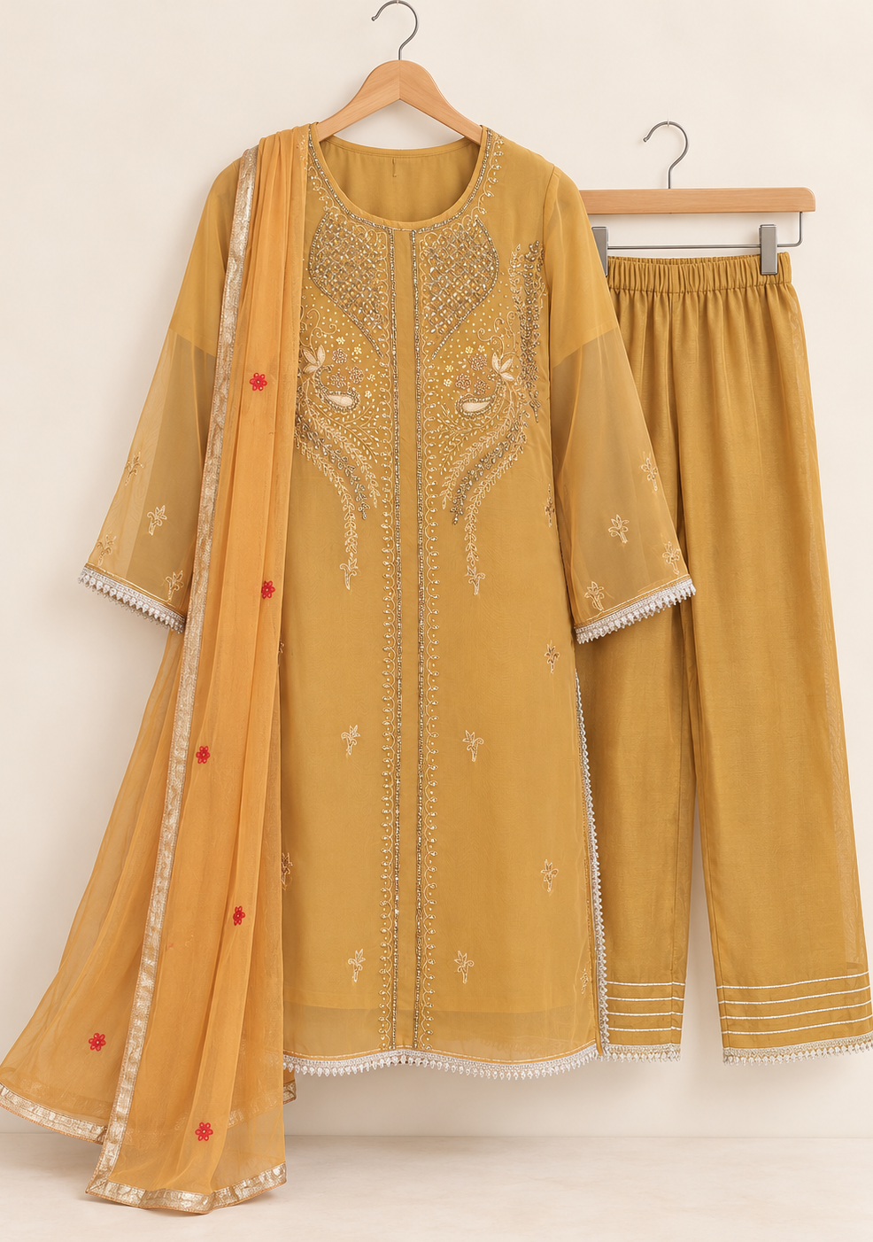 Nirmla Mustard Yellow Embroidered Suit with Dupatta | ibBan