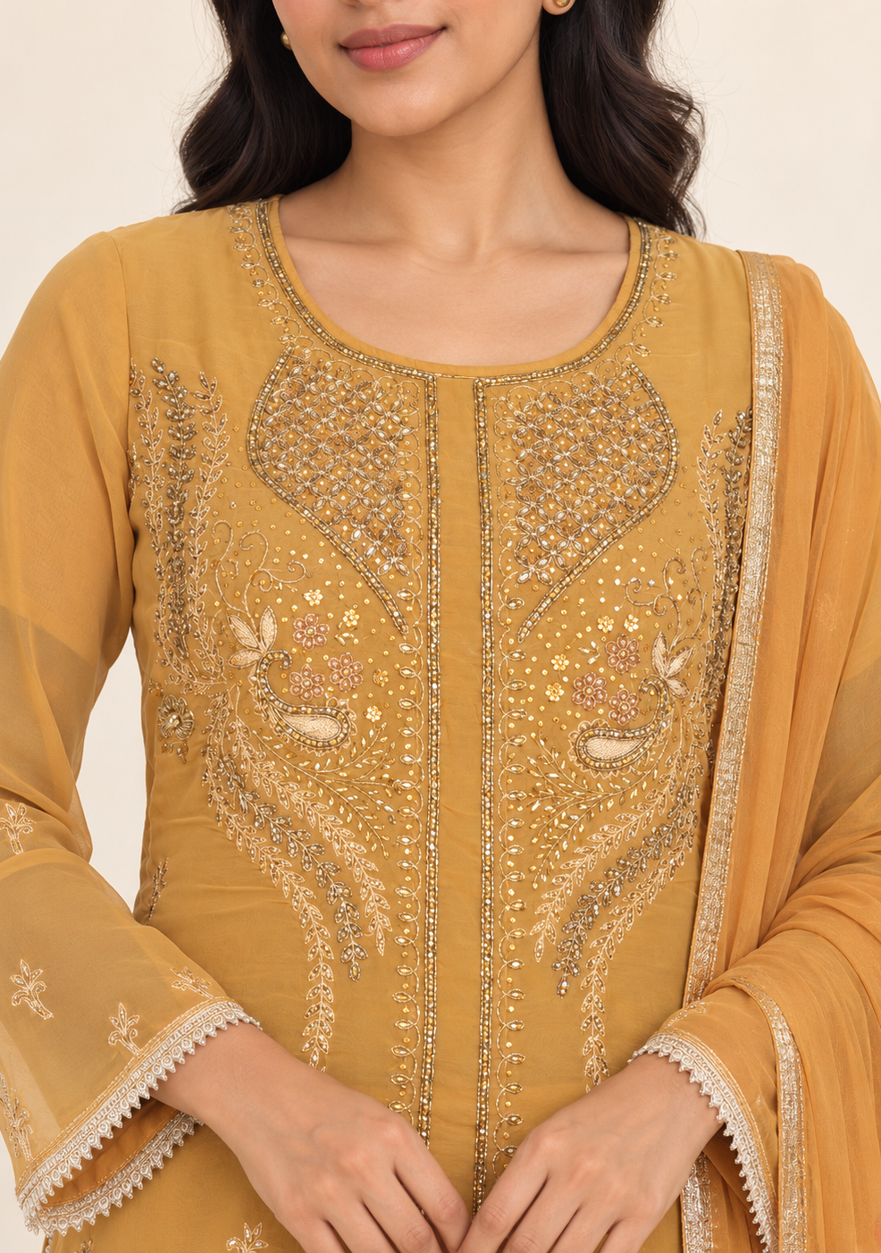 Nirmla Mustard Yellow Embroidered Suit with Dupatta | ibBan