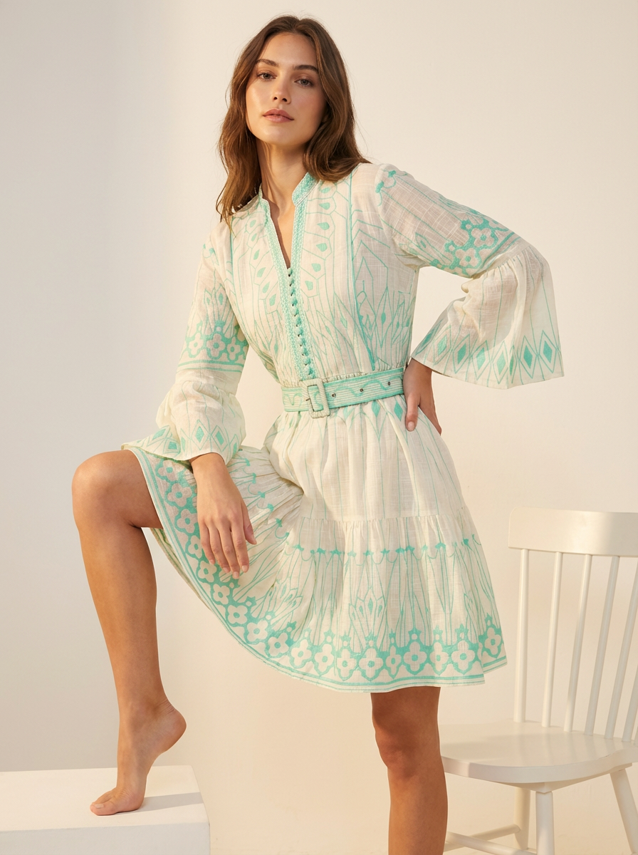 Meerab Short Tunic in Ivory & Black with Bell Sleeves | ibBan