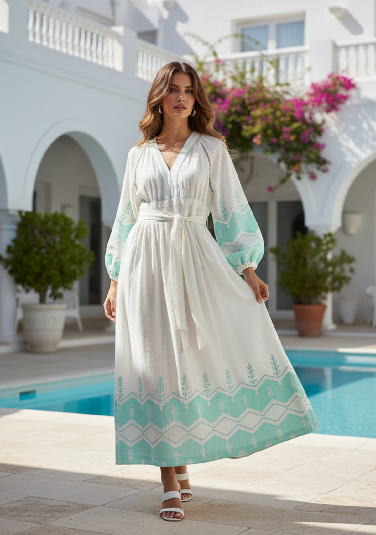 Hira Long Dress in Ivory & Beige with V-Neck | ibBan