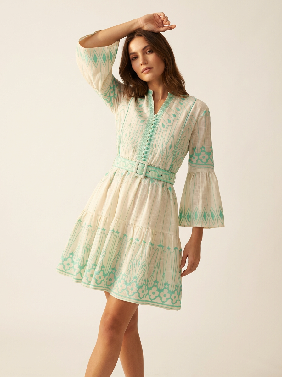 Meerab Short Tunic in Ivory & Black with Bell Sleeves | ibBan