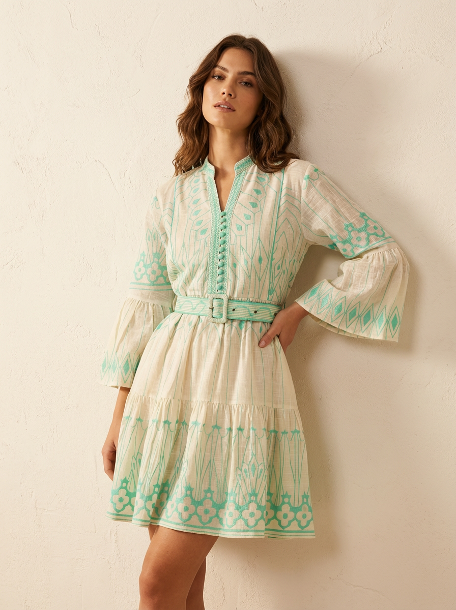 Meerab Short Tunic in Ivory & Black with Bell Sleeves | ibBan