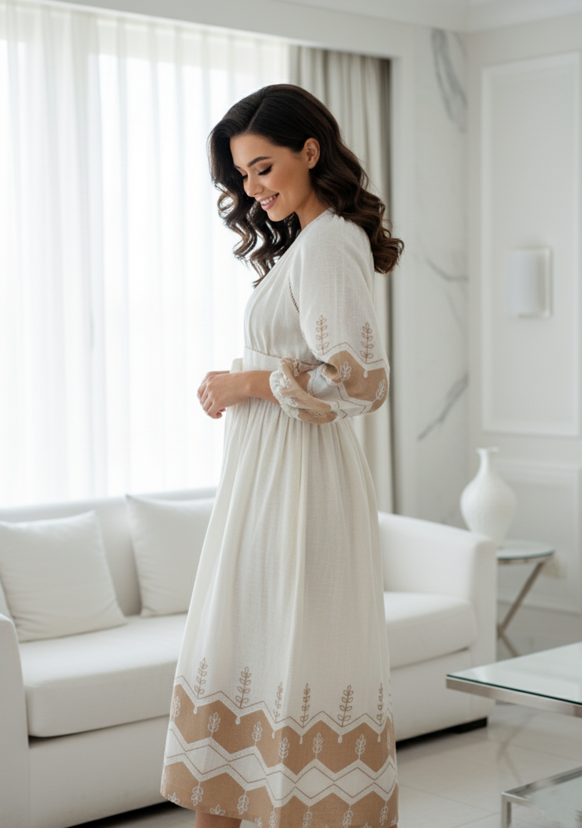Hira Long Dress in Ivory & Beige with V-Neck | ibBan
