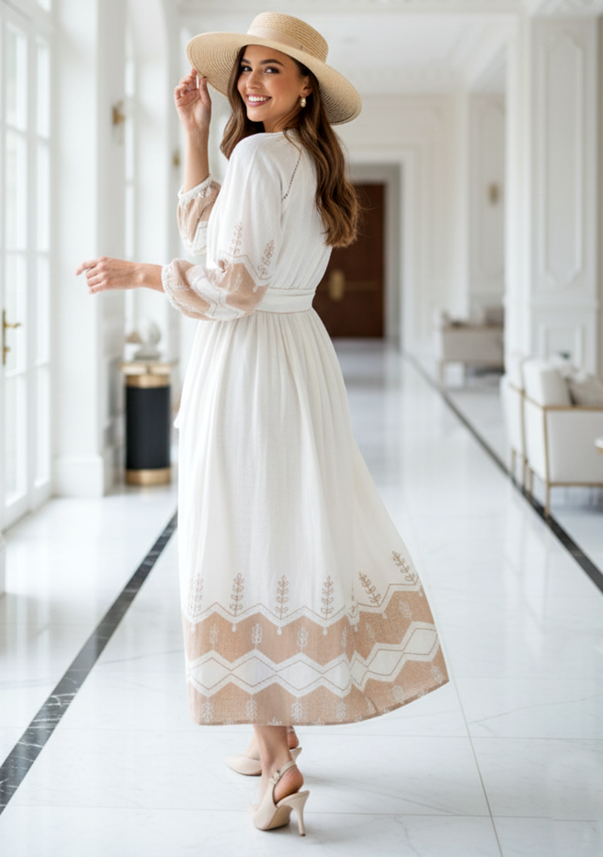 Hira Long Dress in Ivory & Beige with V-Neck | ibBan