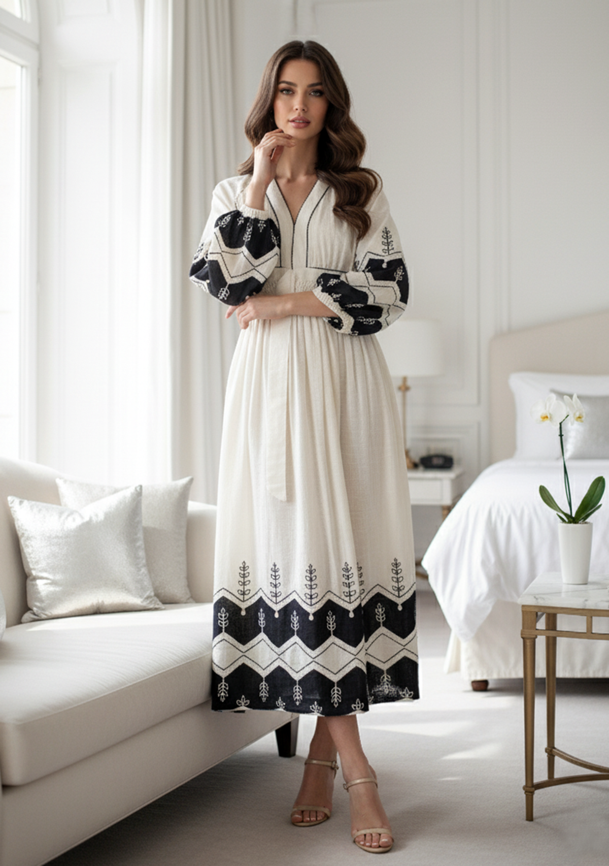 Hira Long Dress in Ivory & Beige with V-Neck | ibBan