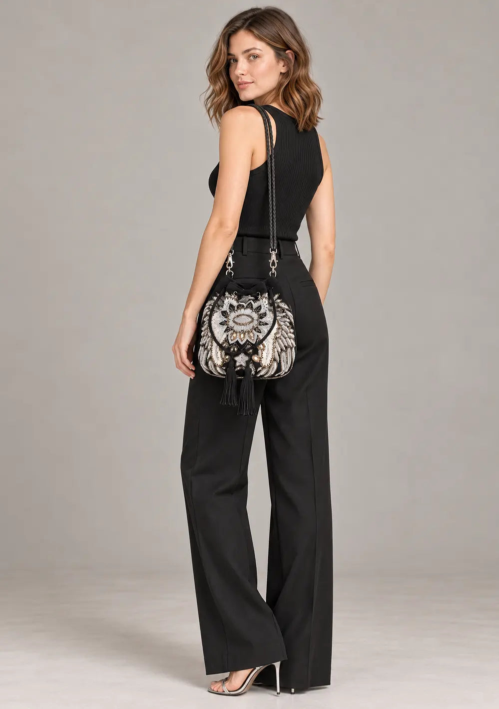ibBan Hand-Embroidered Black Potli Bag - Leona