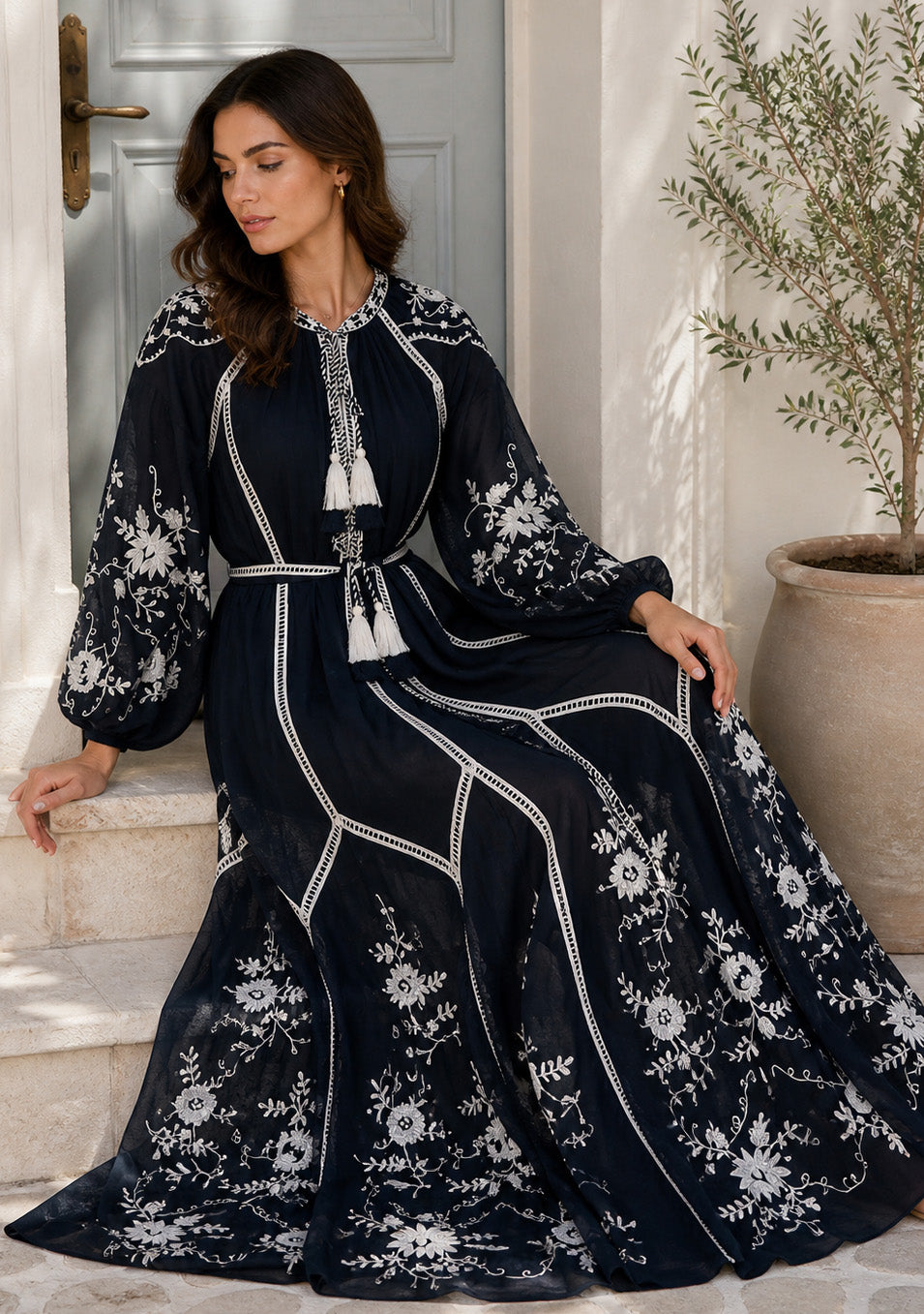 Basima Floral Embroidered Maxi Dress with Balloon Sleeves | ibBan
