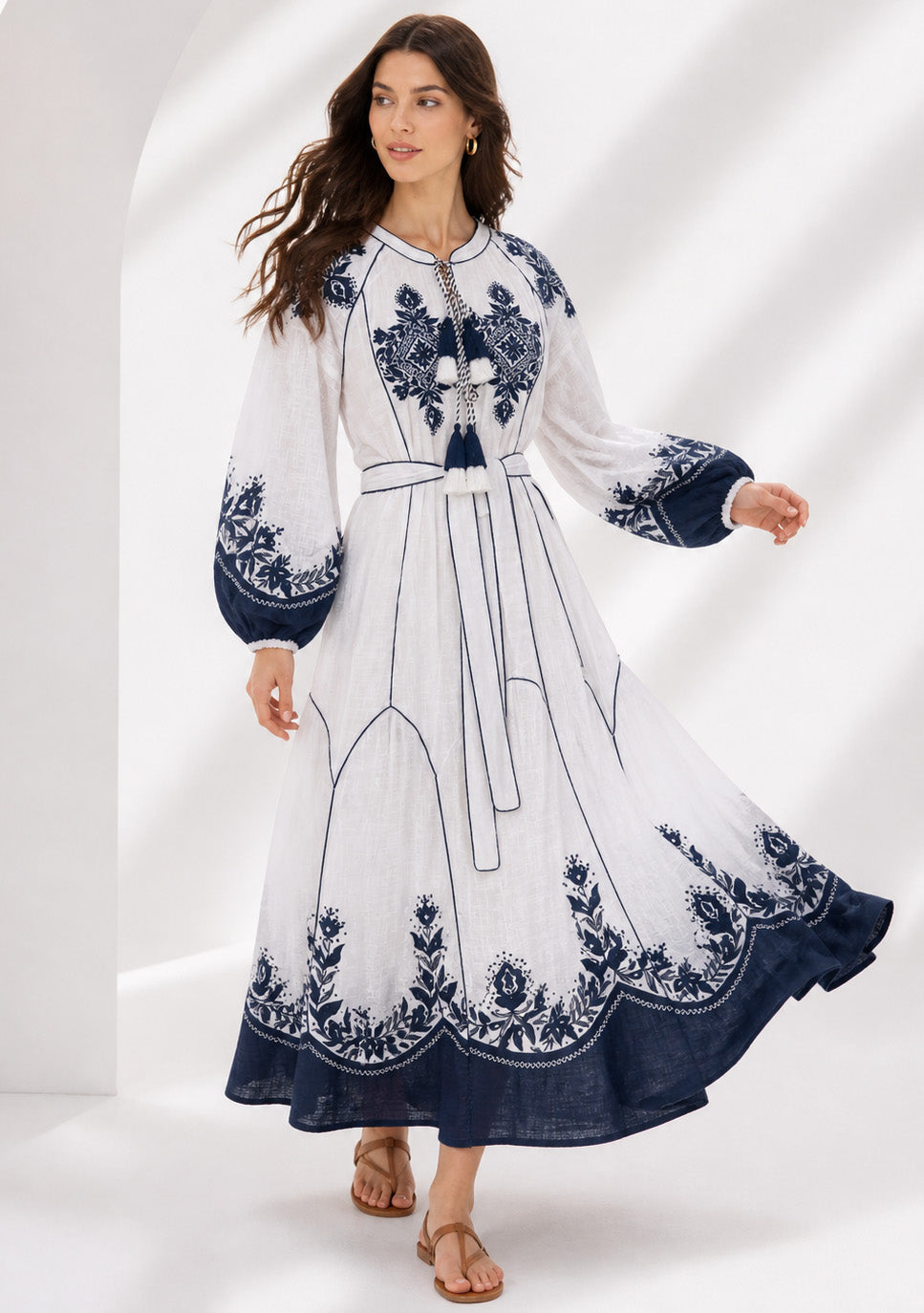 Naysha White Botanical Maxi Dress with Balloon Sleeves | ibBan