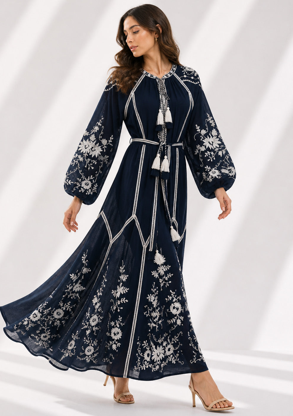 Basima Floral Embroidered Maxi Dress with Balloon Sleeves | ibBan