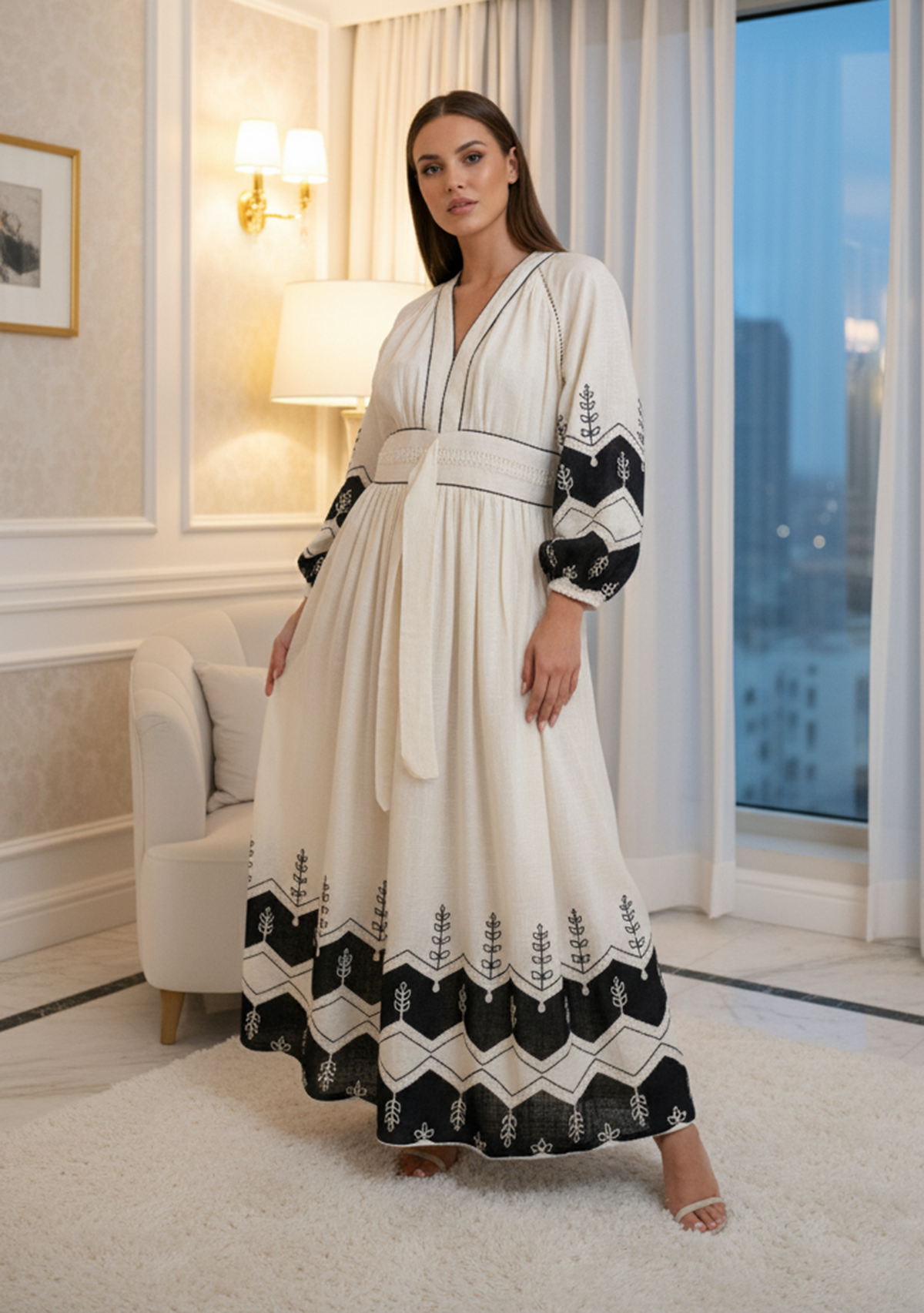 Hira Long Dress in Ivory & Beige with V-Neck | ibBan