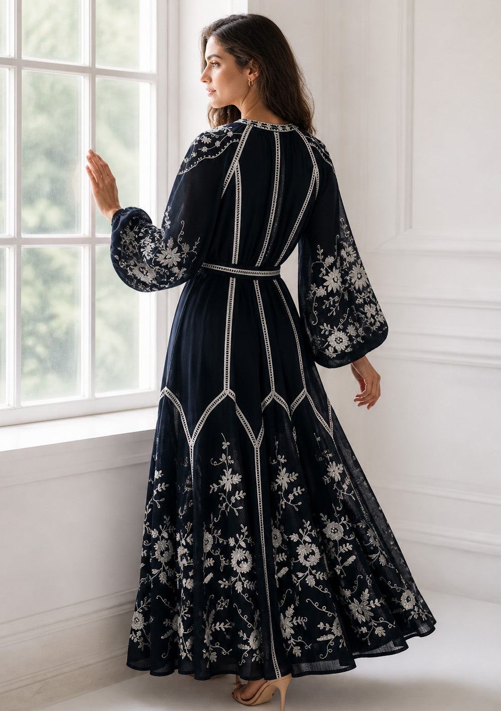 Basima Floral Embroidered Maxi Dress with Balloon Sleeves | ibBan