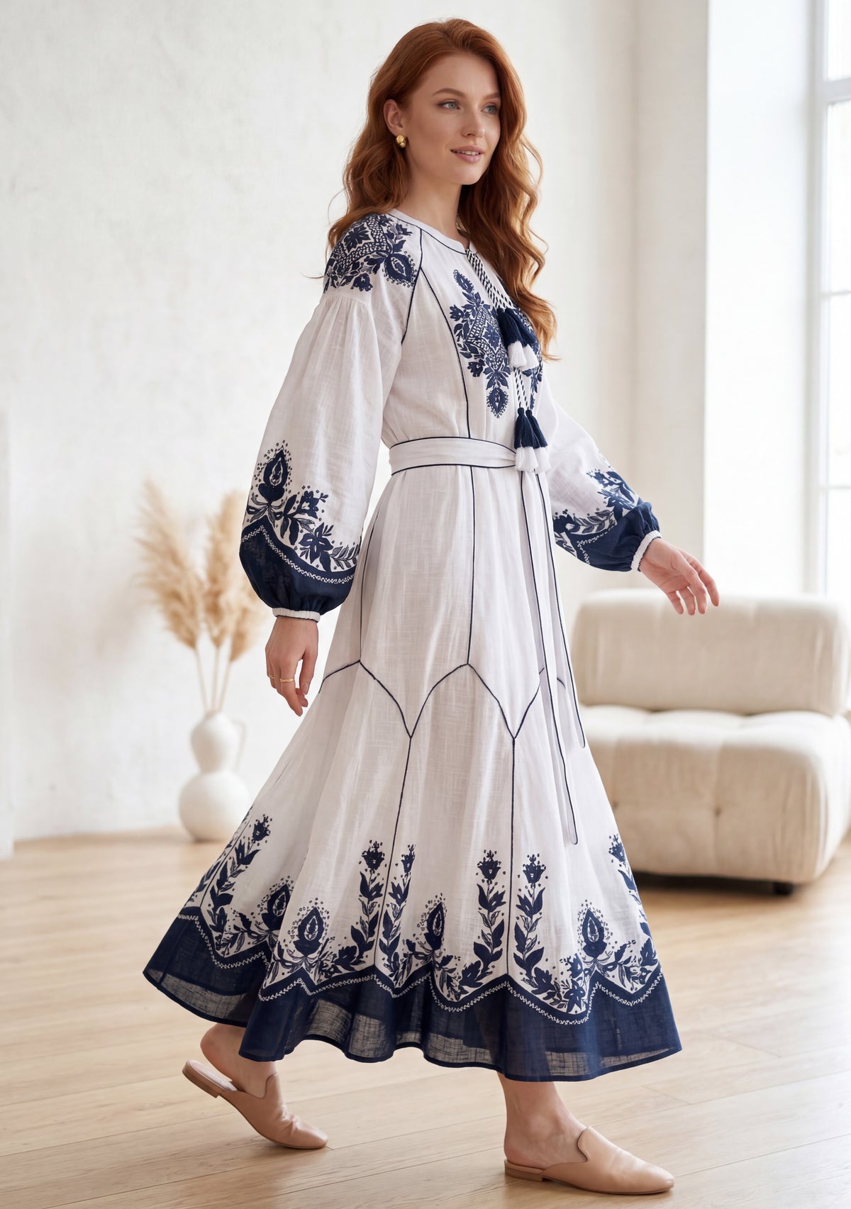 Naysha White Botanical Maxi Dress with Balloon Sleeves | ibBan