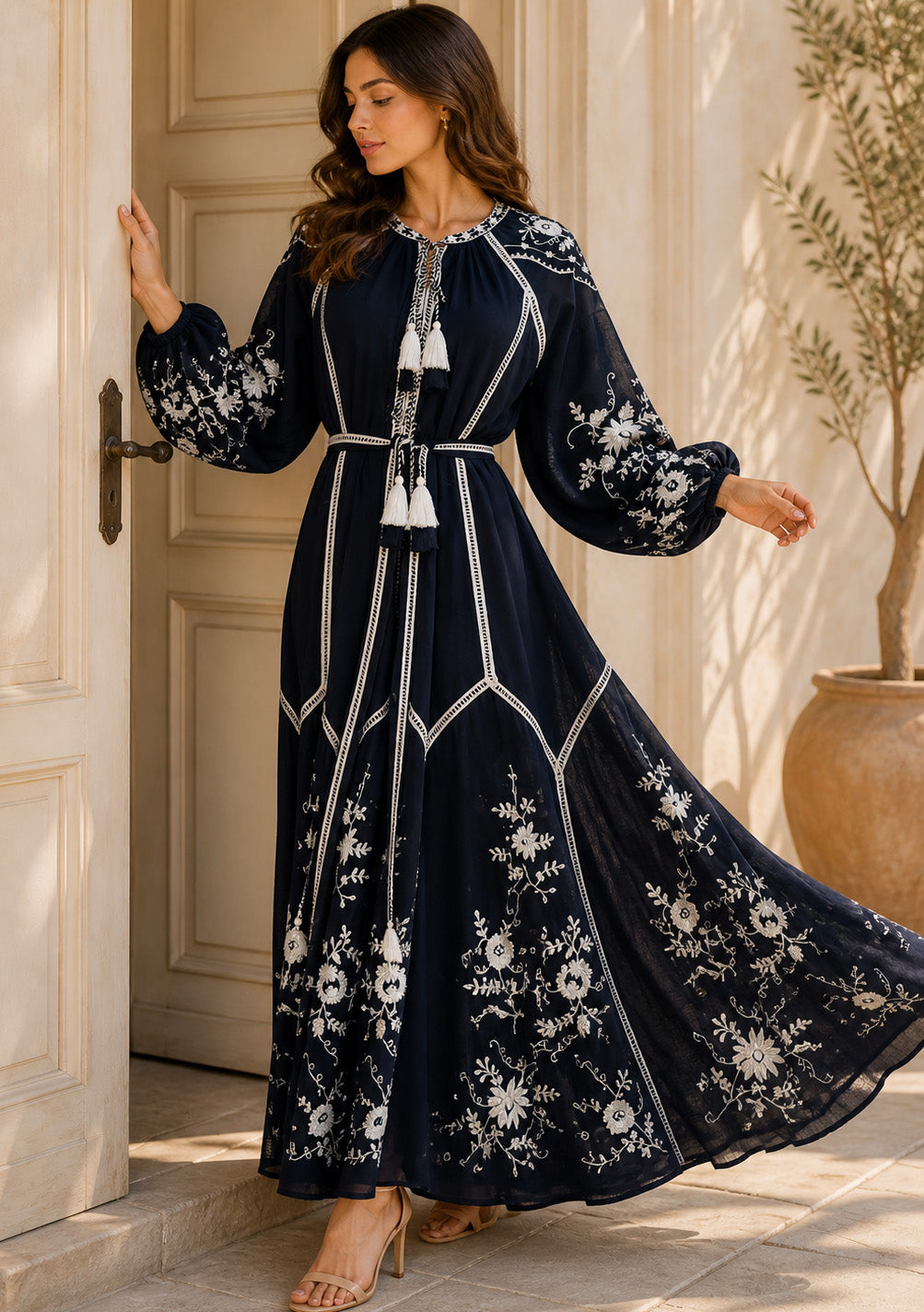 Basima Floral Embroidered Maxi Dress with Balloon Sleeves | ibBan