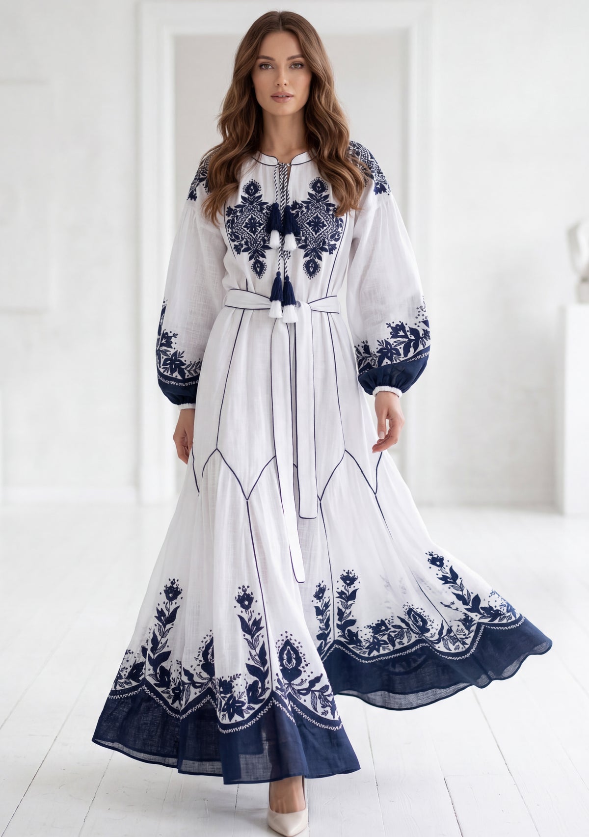 Naysha White Botanical Maxi Dress with Balloon Sleeves | ibBan