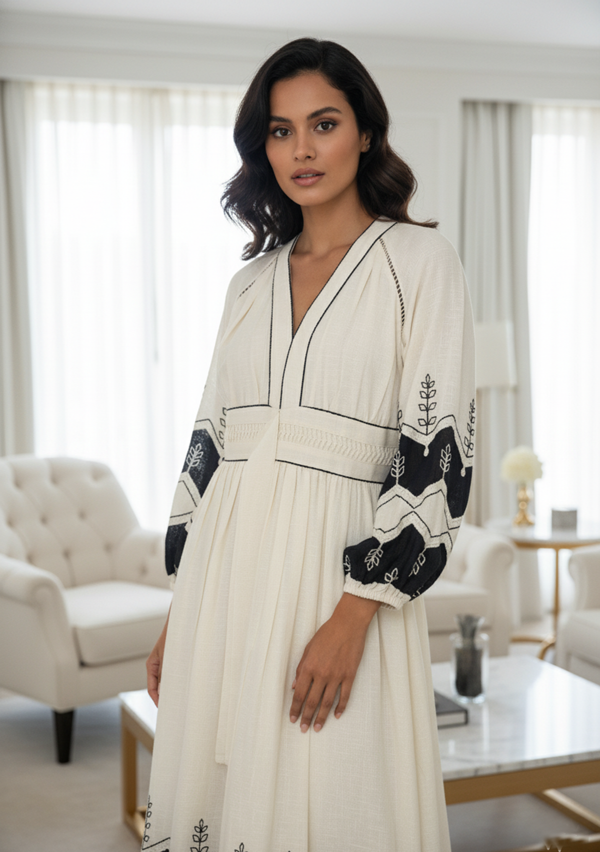 Hira Long Dress in Ivory & Beige with V-Neck | ibBan