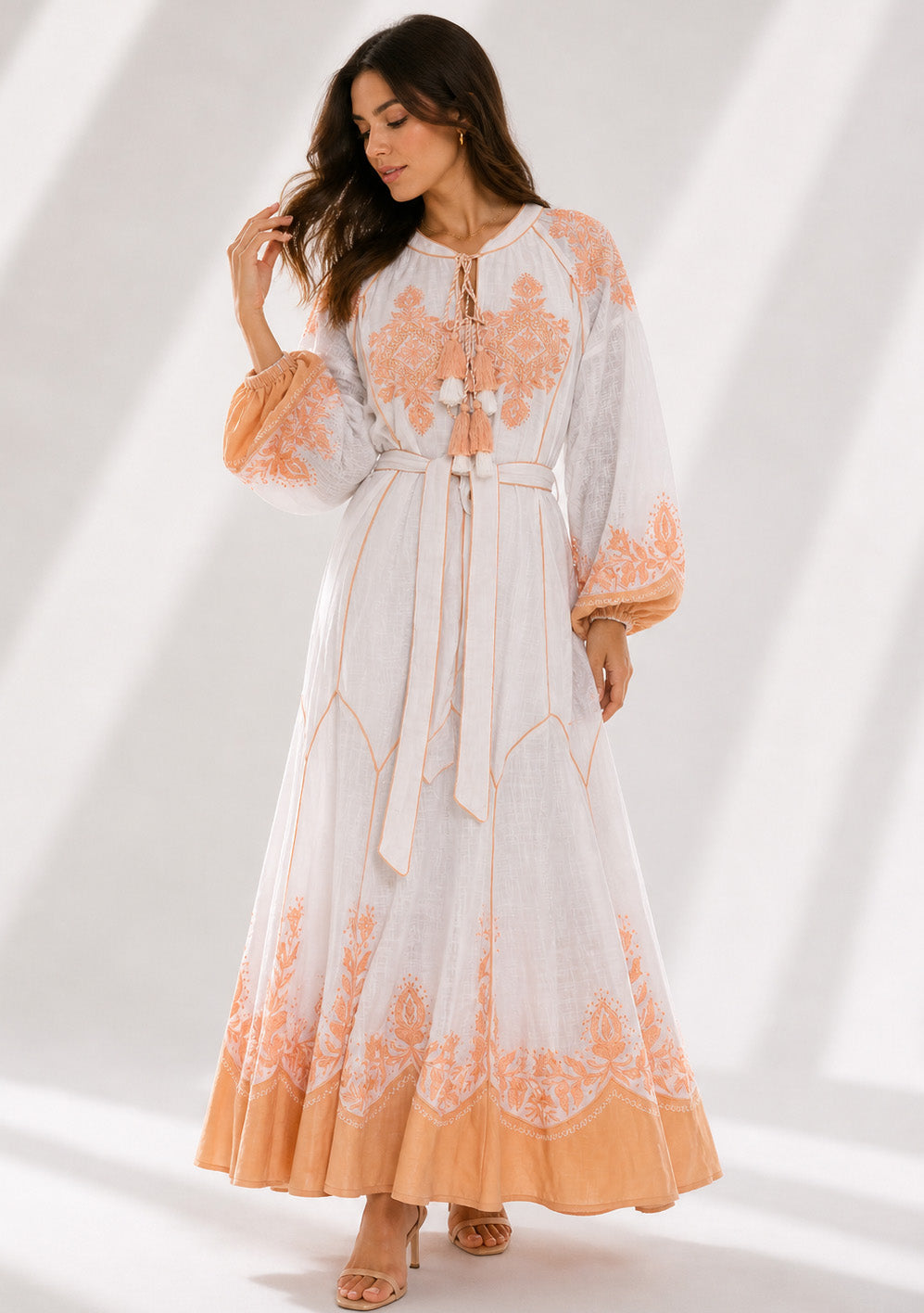 Naysha White Botanical Maxi Dress with Balloon Sleeves | ibBan