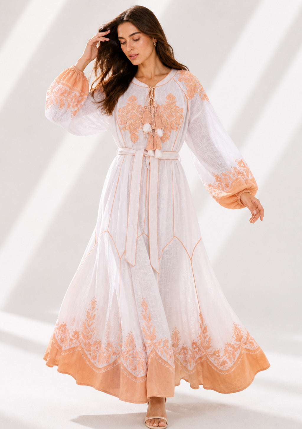 Naysha White Botanical Maxi Dress with Balloon Sleeves | ibBan
