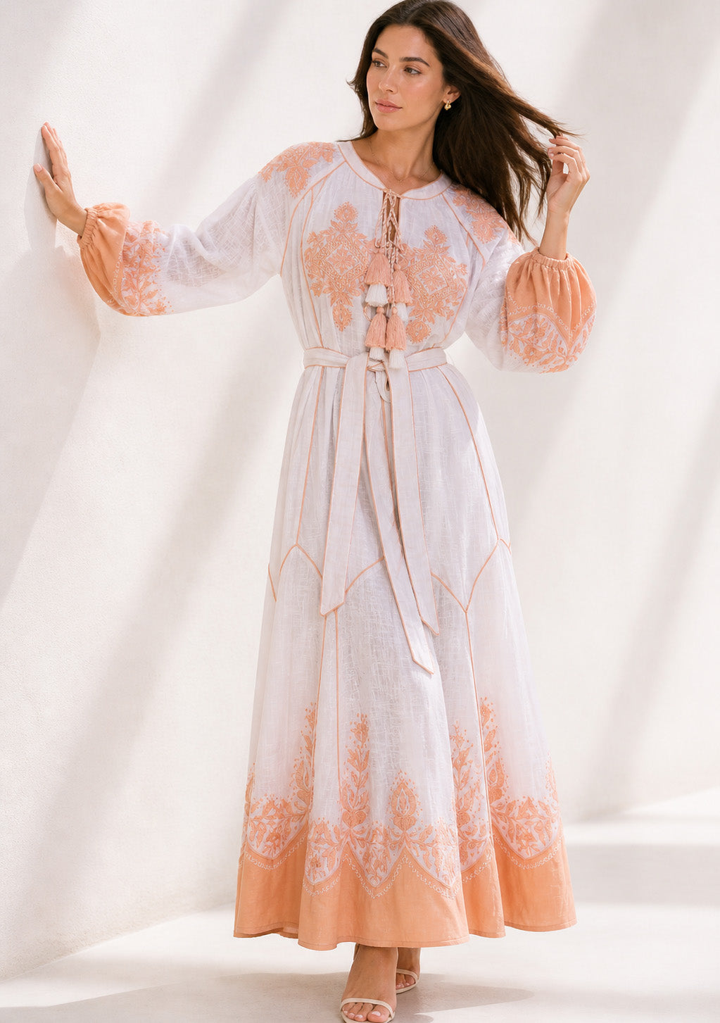 Naysha White Botanical Maxi Dress with Balloon Sleeves | ibBan