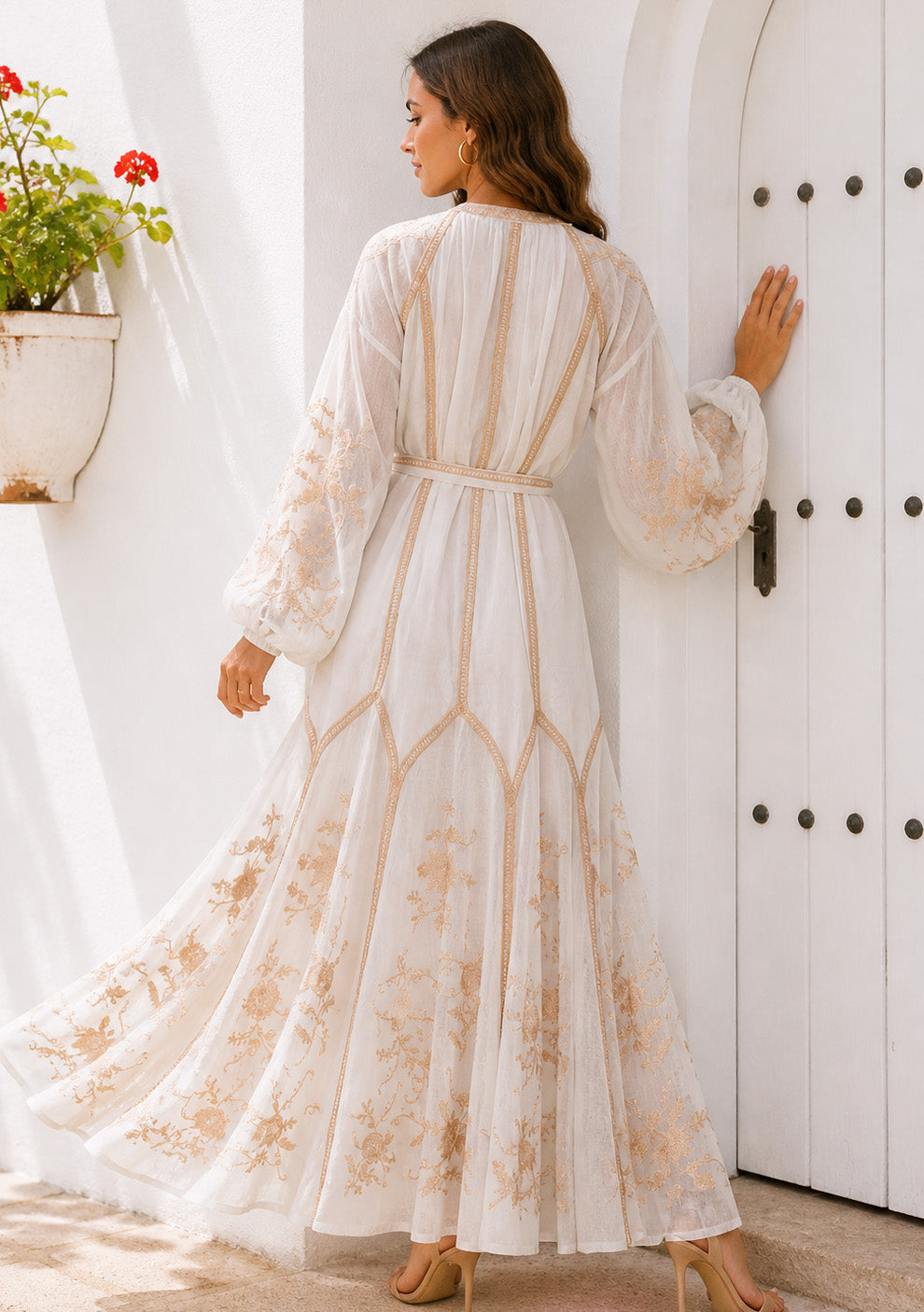 Basima Floral Embroidered Maxi Dress with Balloon Sleeves | ibBan