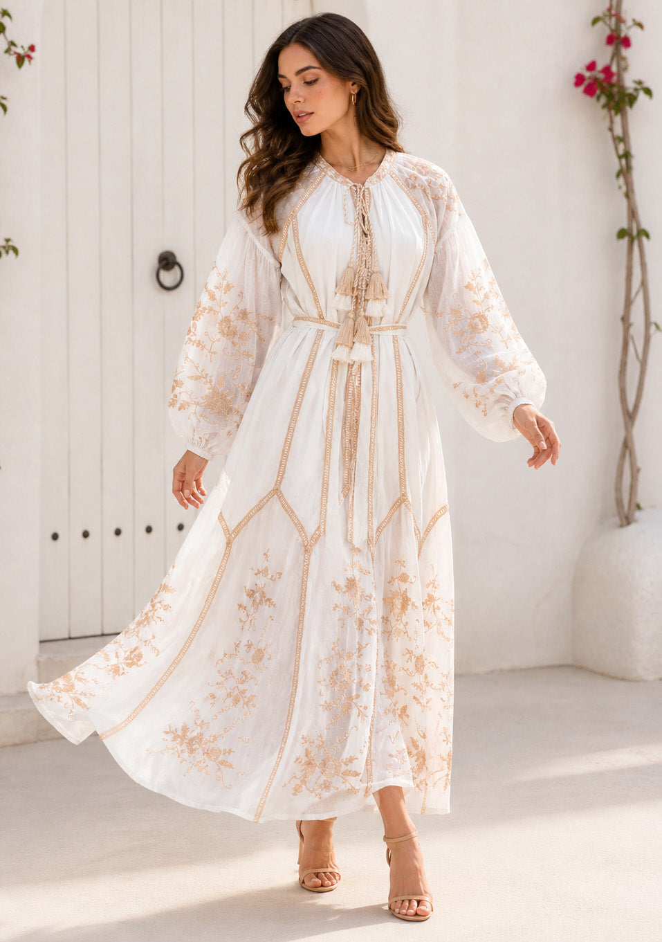 Basima Floral Embroidered Maxi Dress with Balloon Sleeves | ibBan
