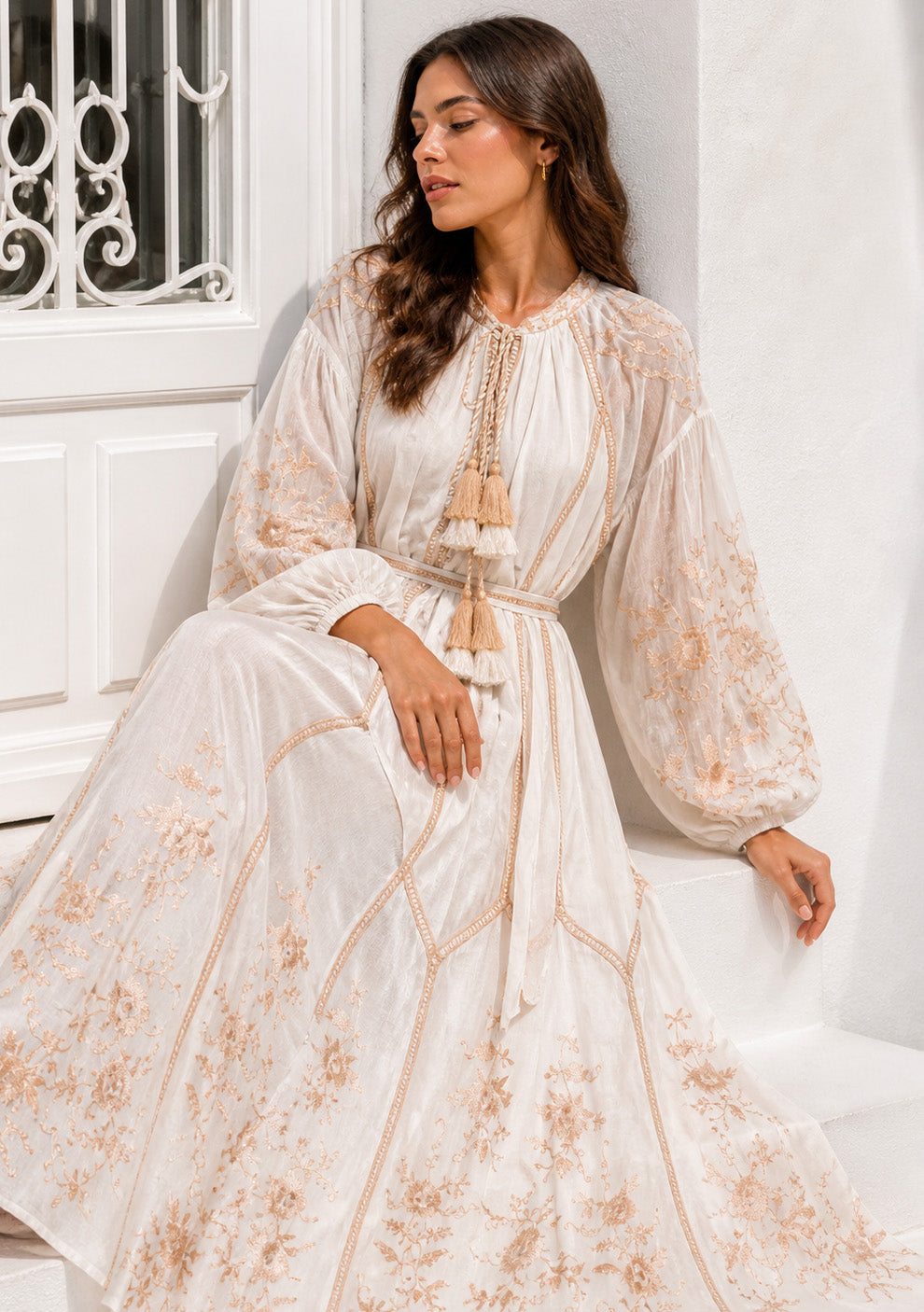 Basima Floral Embroidered Maxi Dress with Balloon Sleeves | ibBan