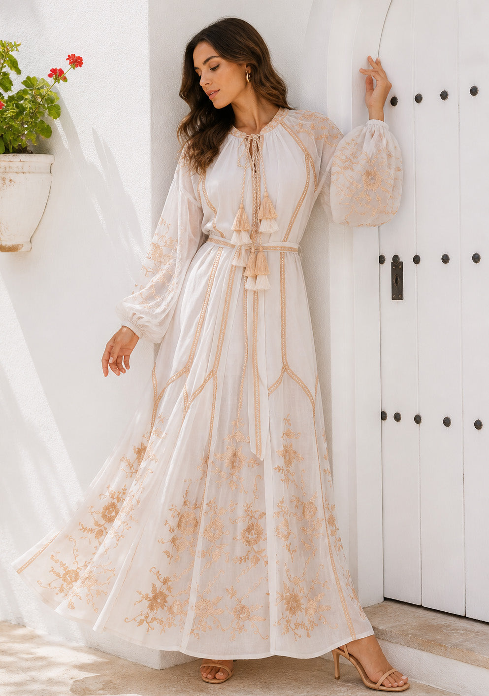 Basima Floral Embroidered Maxi Dress with Balloon Sleeves | ibBan