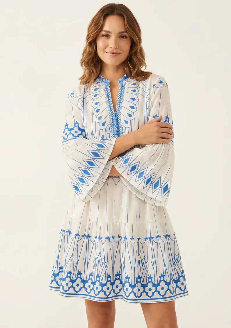 Meerab Short Tunic in Ivory & Black with Bell Sleeves | ibBan