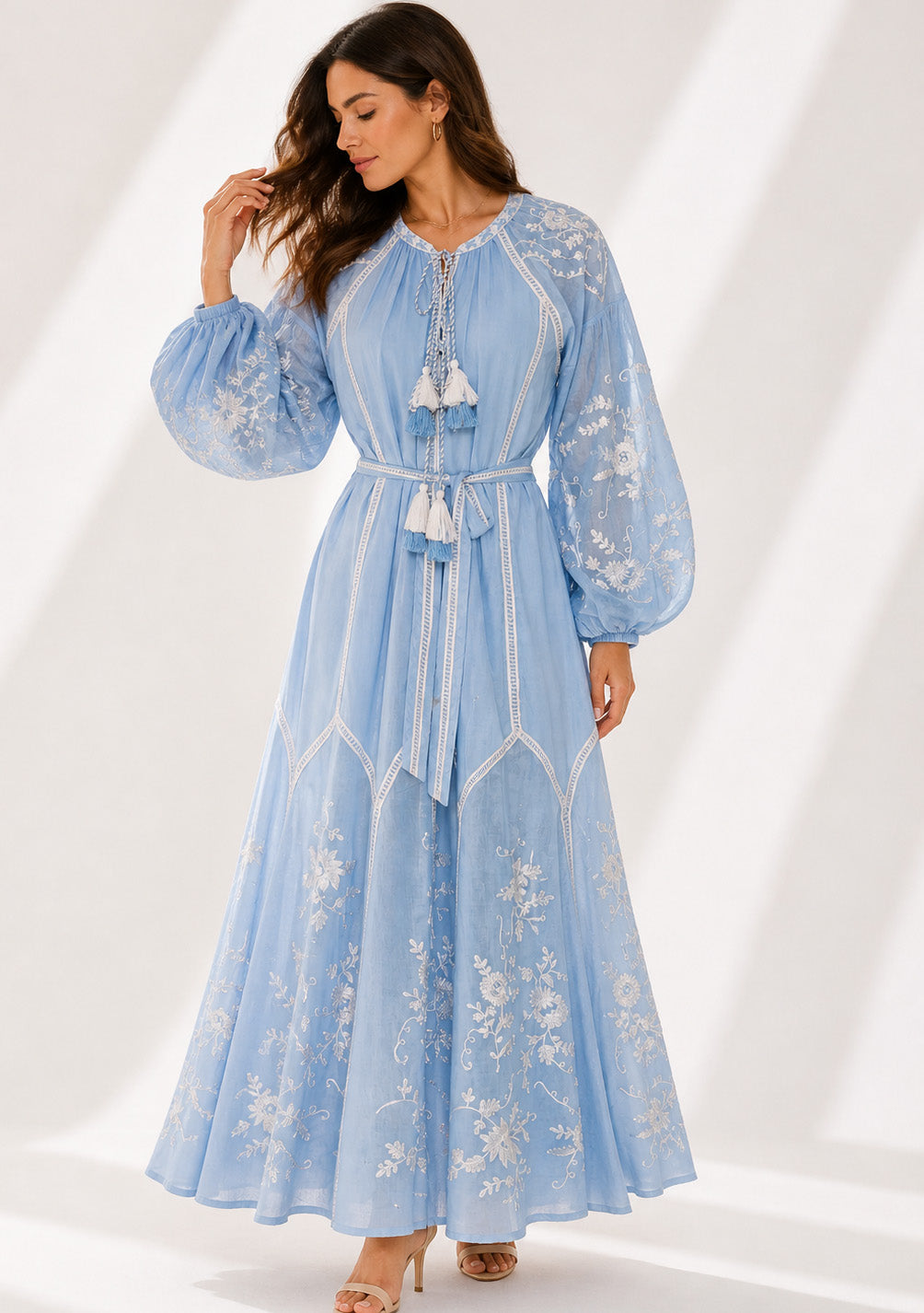 Basima Floral Embroidered Maxi Dress with Balloon Sleeves | ibBan