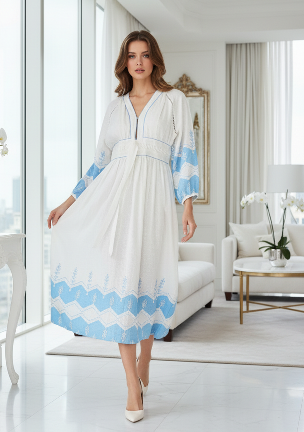 Hira Long Dress in Ivory & Beige with V-Neck | ibBan
