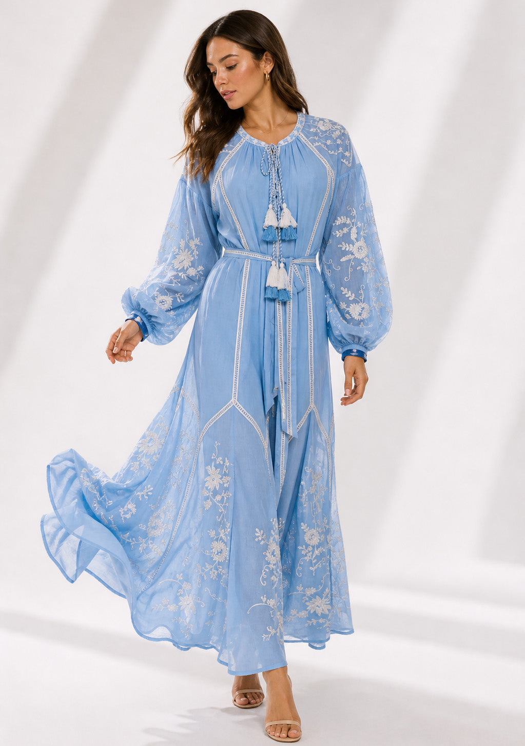 Basima Floral Embroidered Maxi Dress with Balloon Sleeves | ibBan