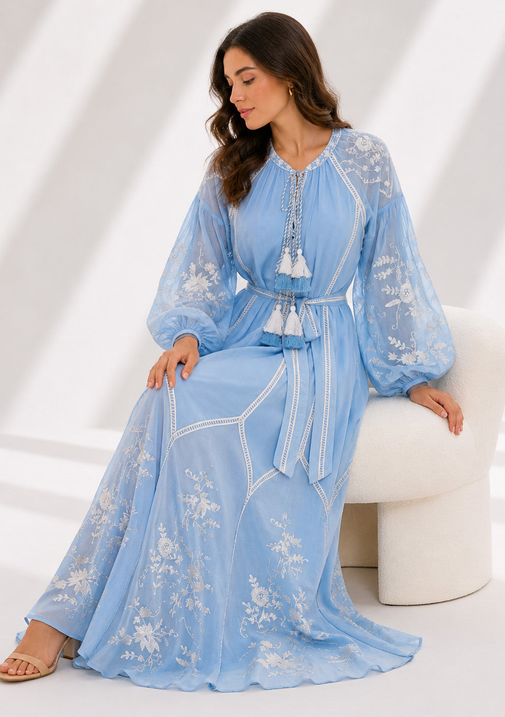 Basima Floral Embroidered Maxi Dress with Balloon Sleeves | ibBan