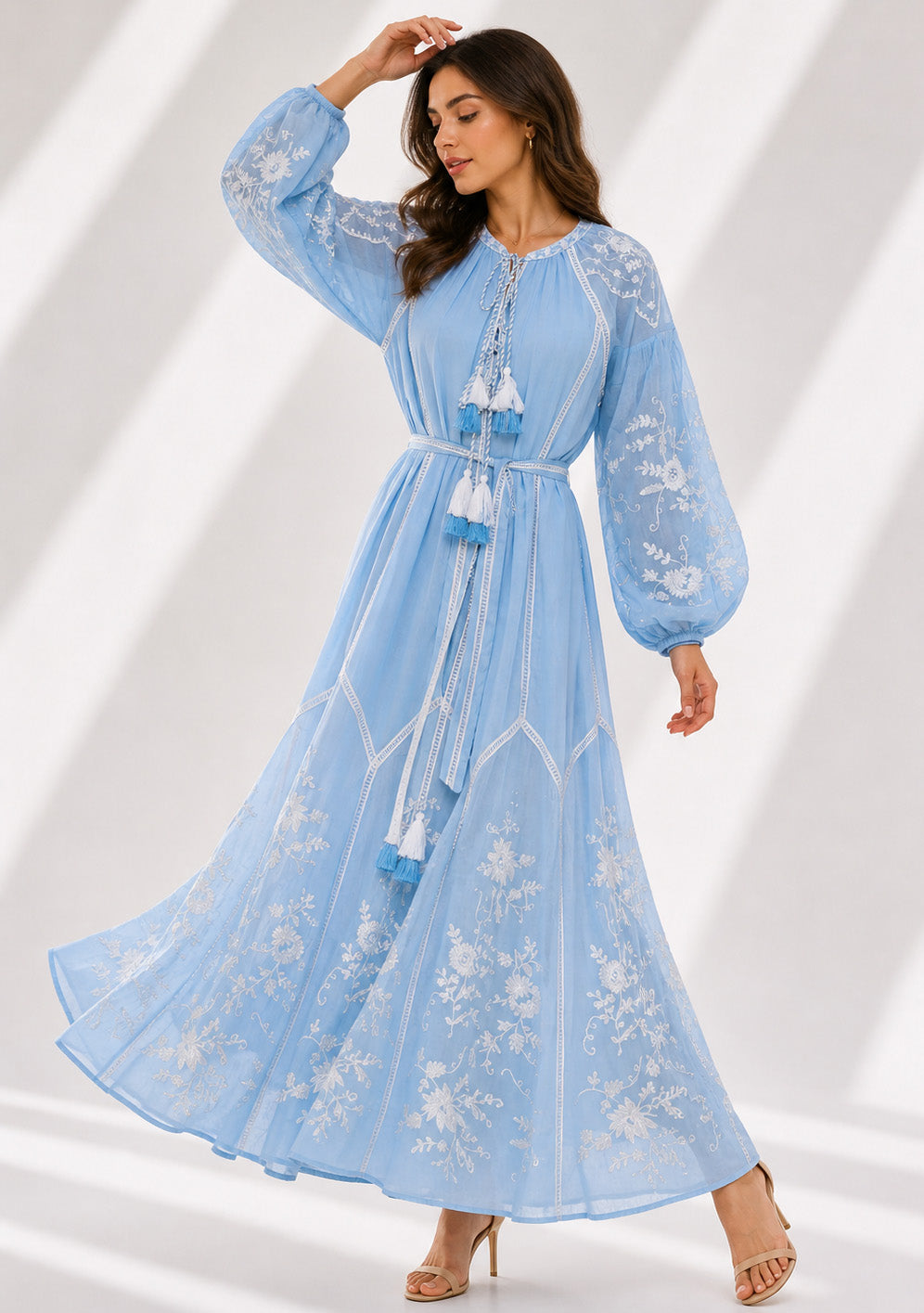 Basima Floral Embroidered Maxi Dress with Balloon Sleeves | ibBan