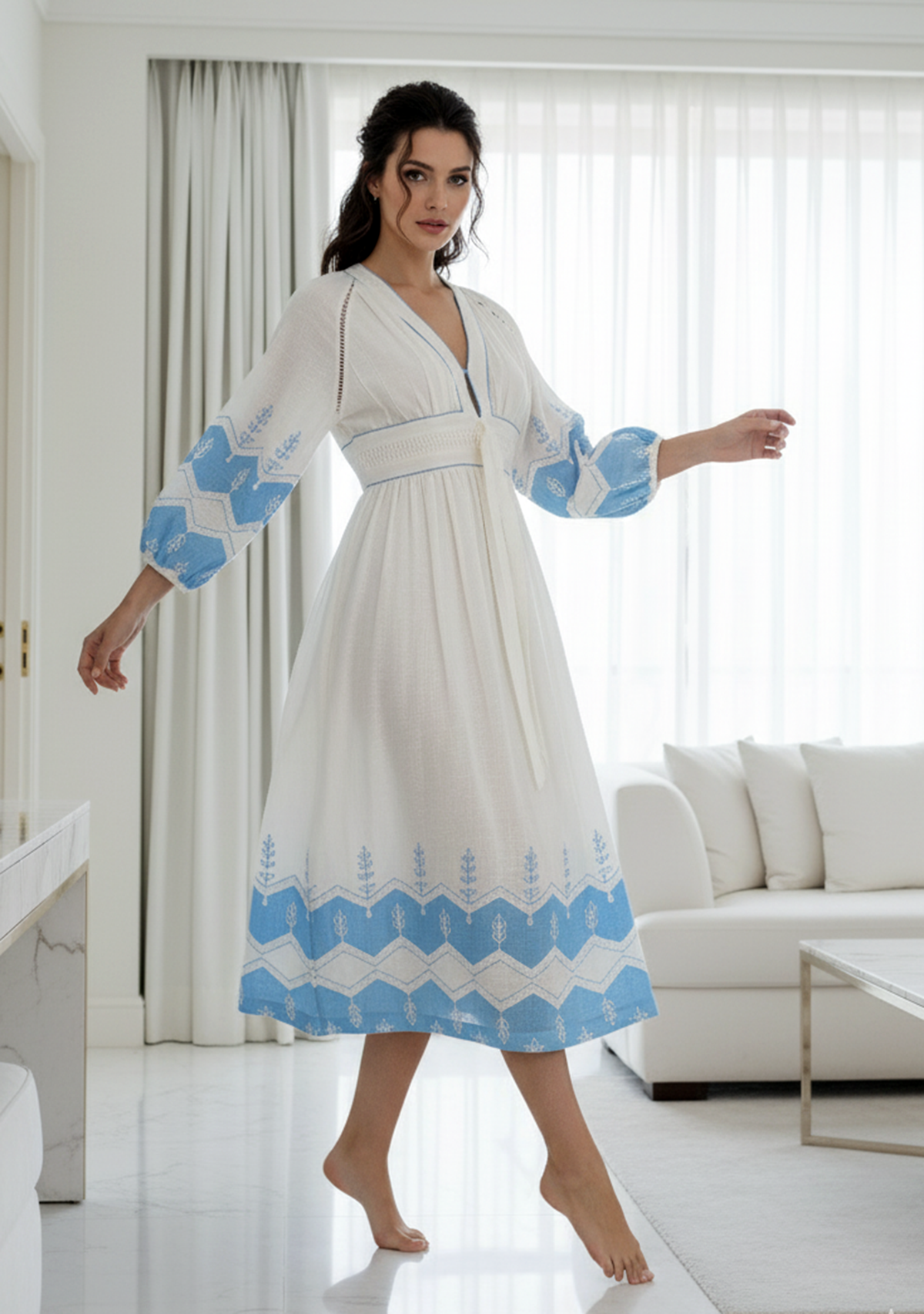 Hira Long Dress in Ivory & Beige with V-Neck | ibBan