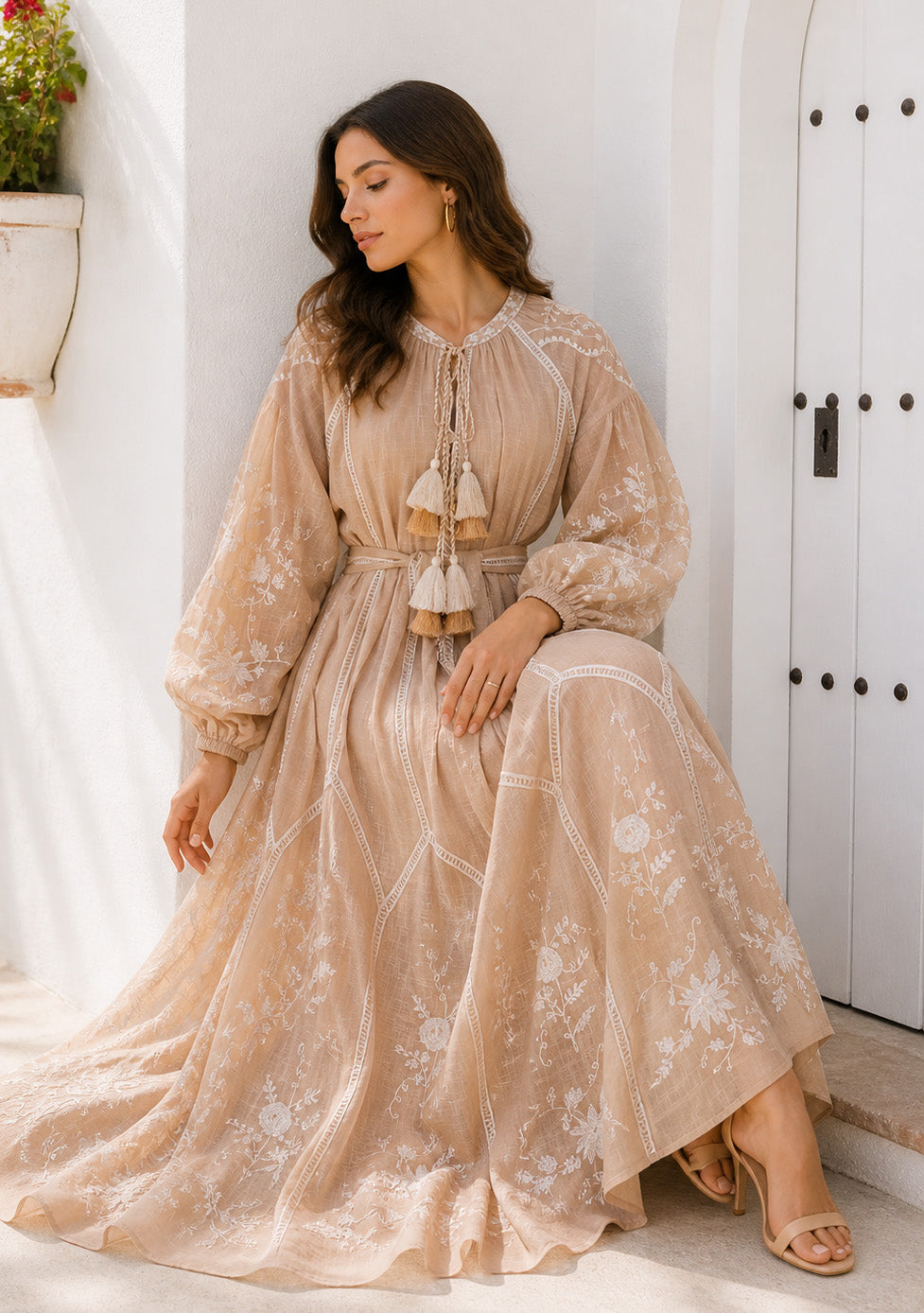 Basima Floral Embroidered Maxi Dress with Balloon Sleeves | ibBan