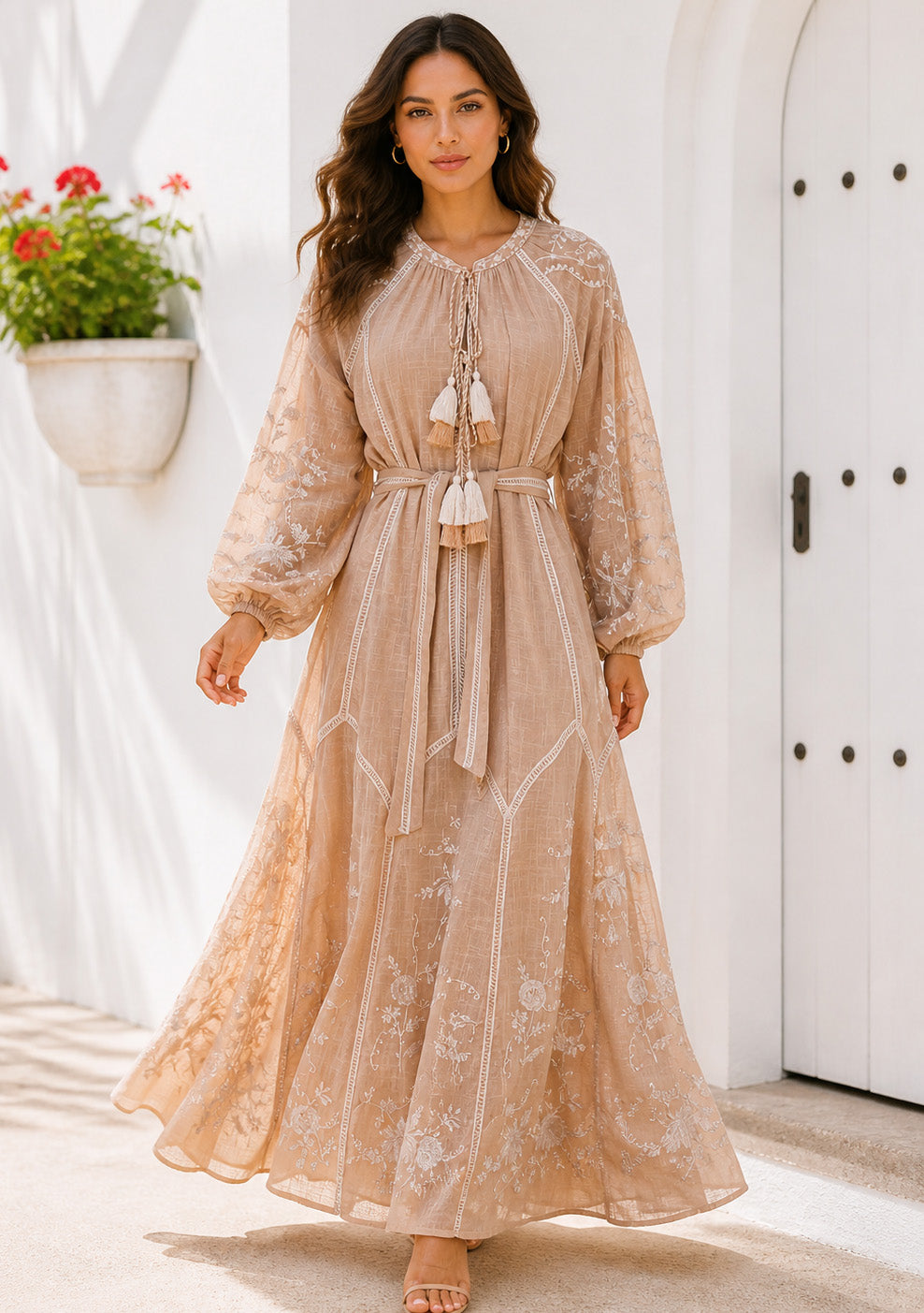 Basima Floral Embroidered Maxi Dress with Balloon Sleeves | ibBan