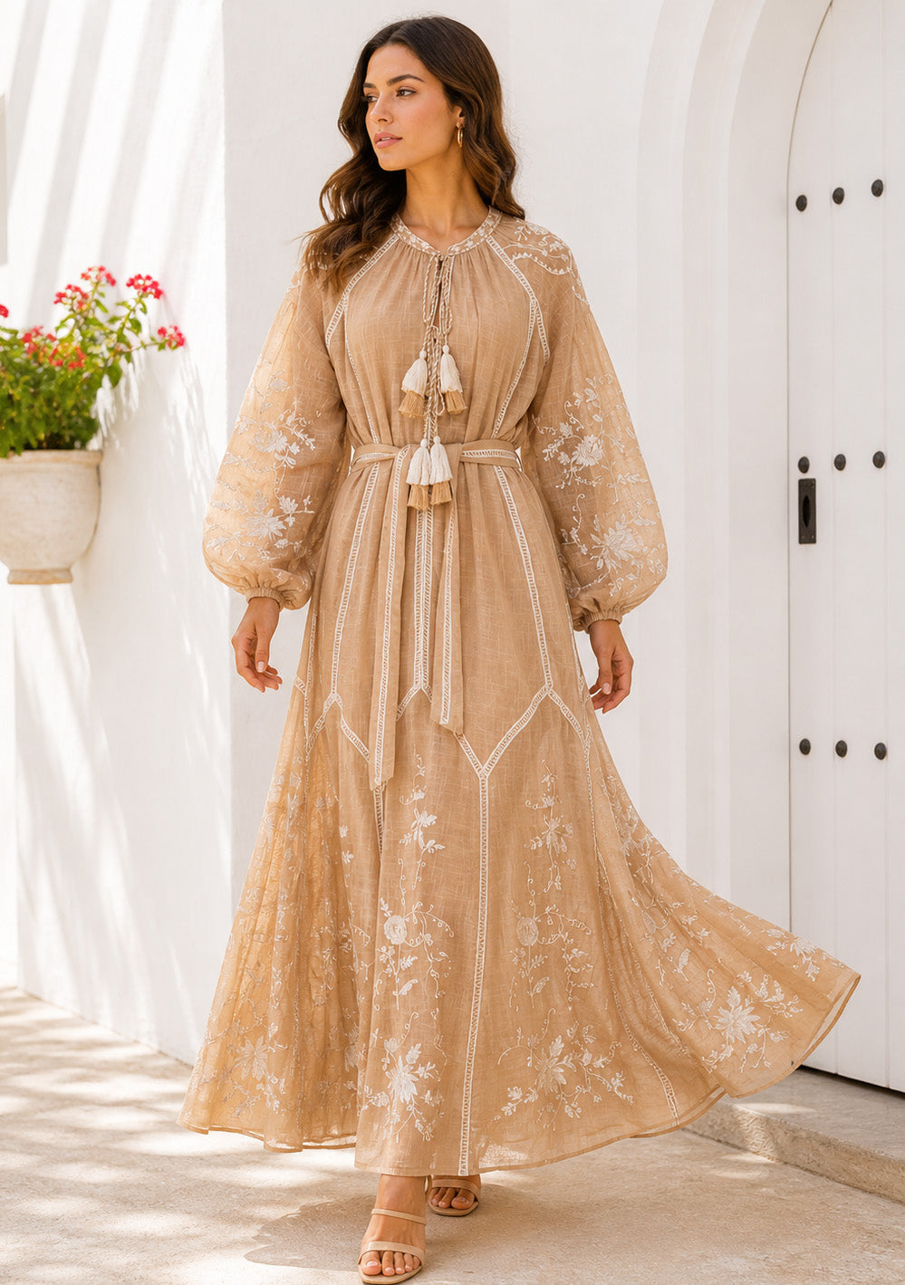 Basima Floral Embroidered Maxi Dress with Balloon Sleeves | ibBan