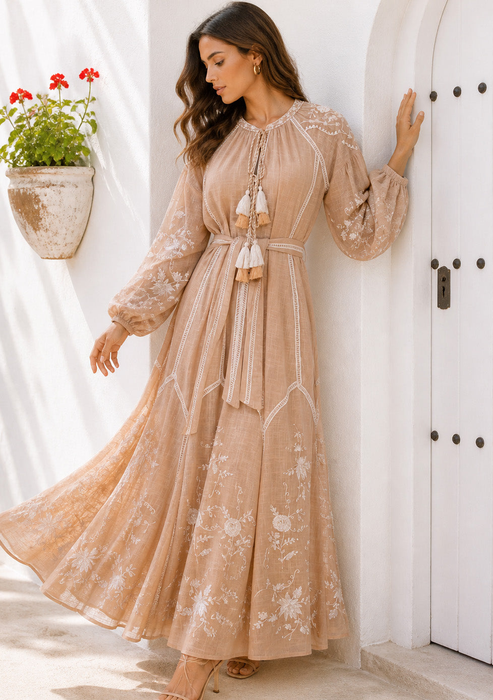 Basima Floral Embroidered Maxi Dress with Balloon Sleeves | ibBan